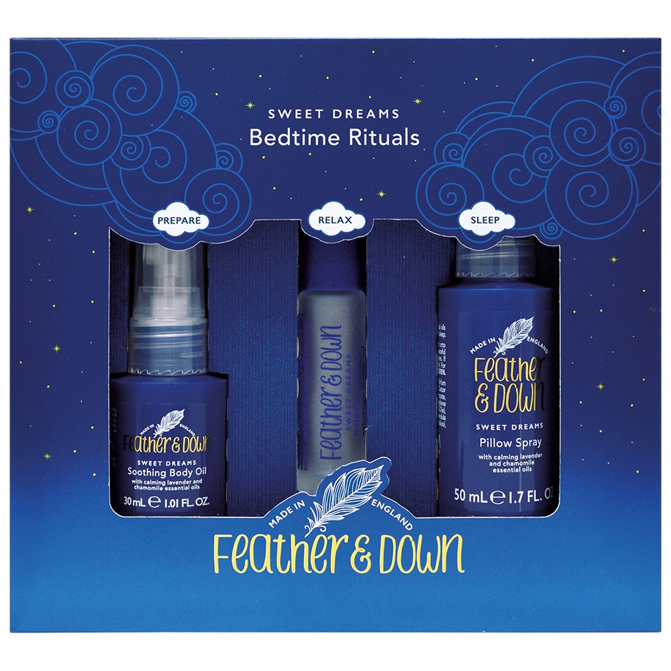 Feather & Down Sweet Dream Bedtime Rituals Gift Set (Includes 30ml Soothing body Oil, 50ml Pillow Spray & 10ml Relaxing Rollerball) - Create the perfect bedtime regime