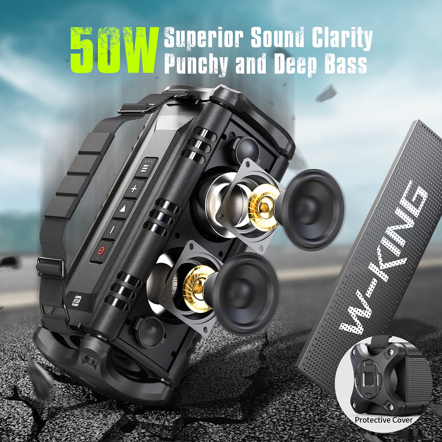 Bluetooth Speaker, W-KING 50W Speakers Wireless Bluetooth 5.0 With Deep Bass, IPX6 Waterproof Loud Bluetooth Speaker With 24H Playback/Two Portable Speakers Pairing/TF Card/EQ/NFC for Outdoor Party