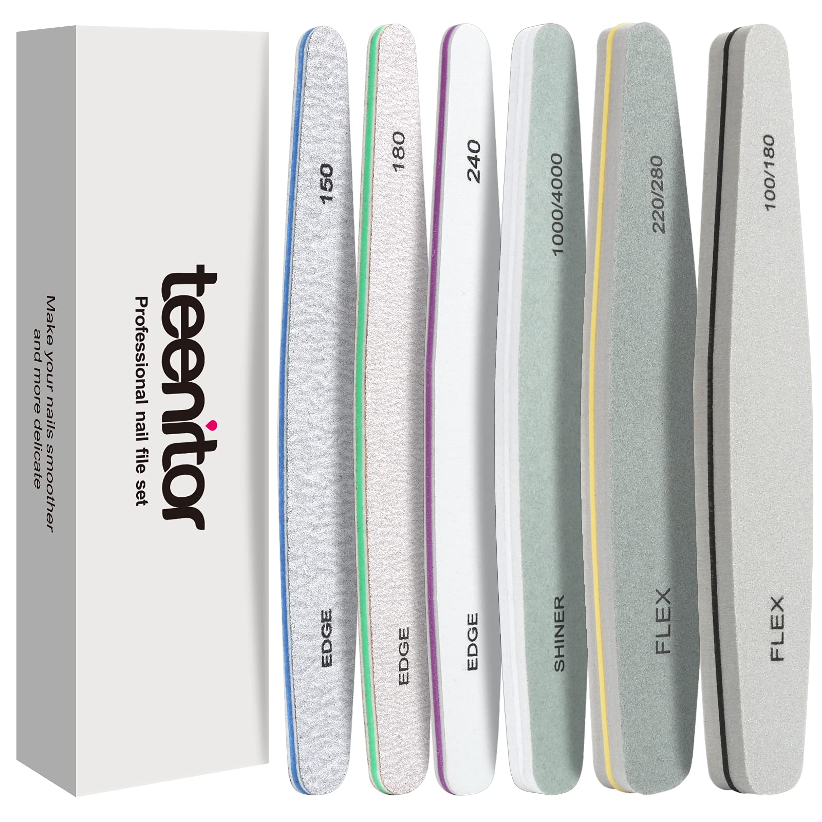 Nail File, Teenitor Gel Nail File Set Professional Nail Buffer File Block Natural Manicure File Nail Polisher Washable Double Sided Emery Boards Grit 100/150/180/220/240/280/1000/4000 Buffer