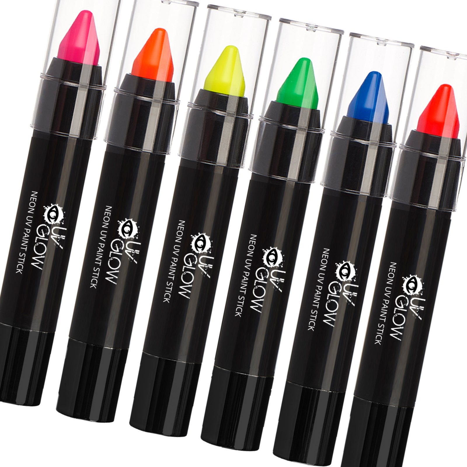 UV Glow - Neon UV Paint Stick/Face & Body Crayon - Set of 6 Colours. Genuine and original UV Glow product - glows brightly under UV Light!