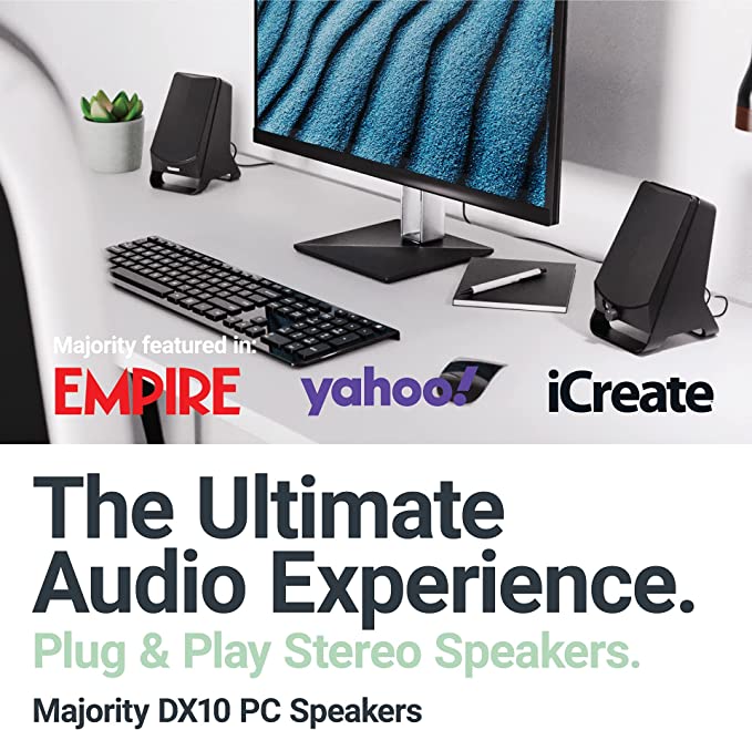 MAJORITY DX10 PC Speakers | Stereo Sound System I USB Plug and Play | Headphone Jack I 3.5mm Audio Connection