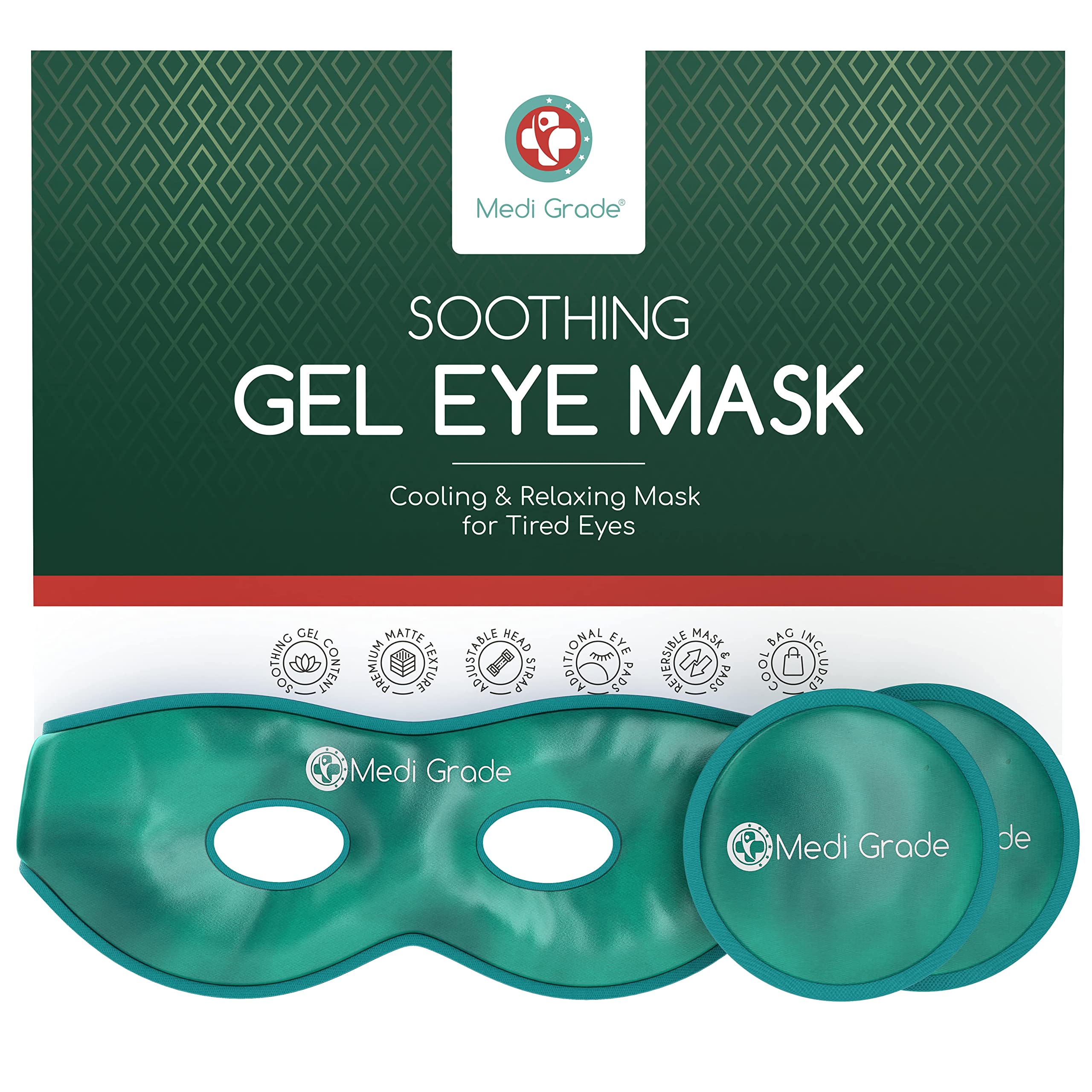 Medi Grade Cooling Eye Mask - Reusable Gel Eye Mask with 2 x Cooling Eye Pads and Cooling Storage Bag - Enjoy Relaxation at Home or On The Go with Our Reversible Eye Compress with Adjustable Straps
