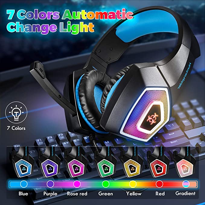 Gaming Headset with Mic for Xbox One PS4 PC Switch Tablet Computer Smartphone, Headphones PS5 Stereo Over Ear Bass 3.5mm Microphone Noise Canceling 7 LED Light Soft Memory Earmuffs (Free Adapter)