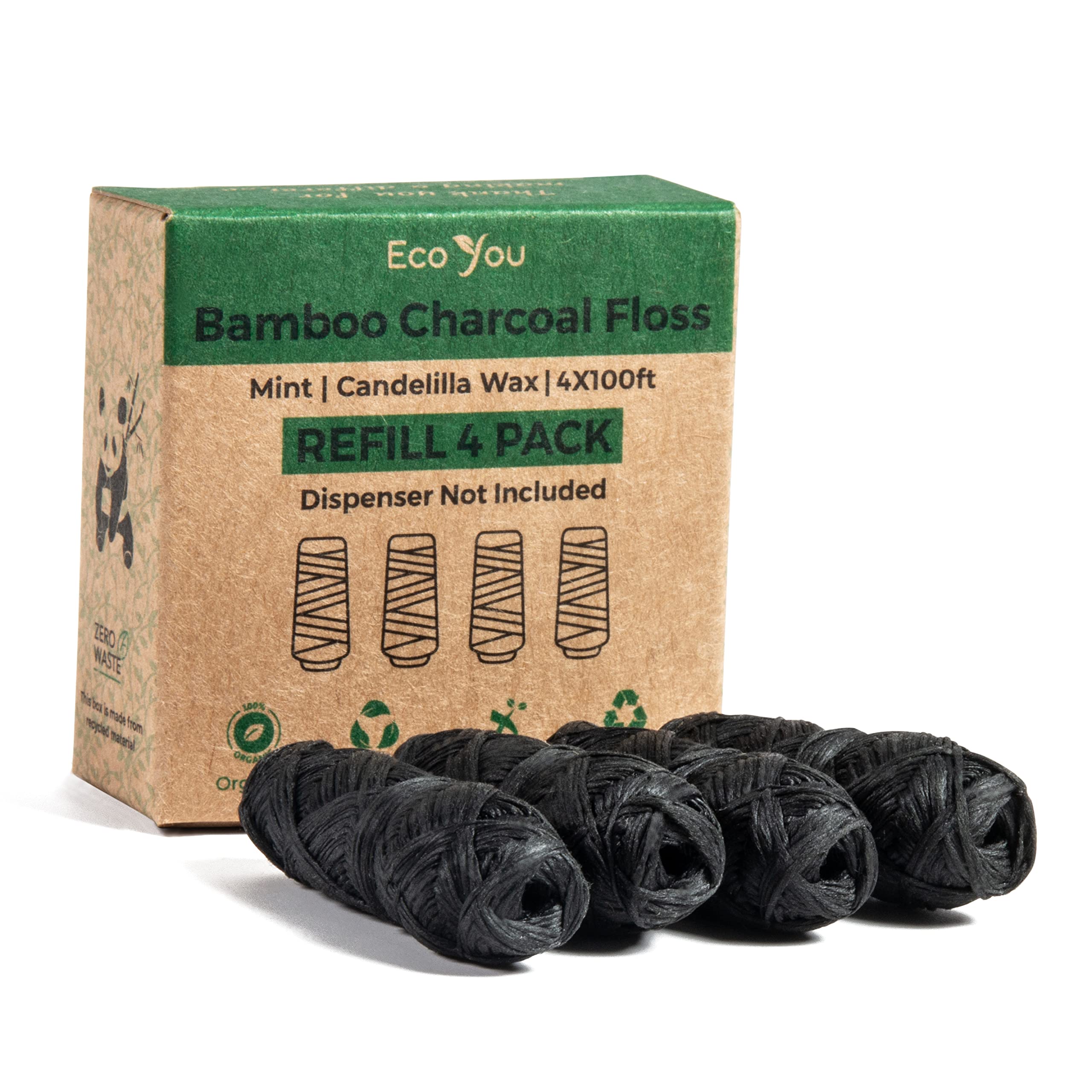 EcoYou Bamboo Charcoal Dental Floss | 4 Refills Pack | Mint & Candelilla Wax | Vegan & Biodegradable