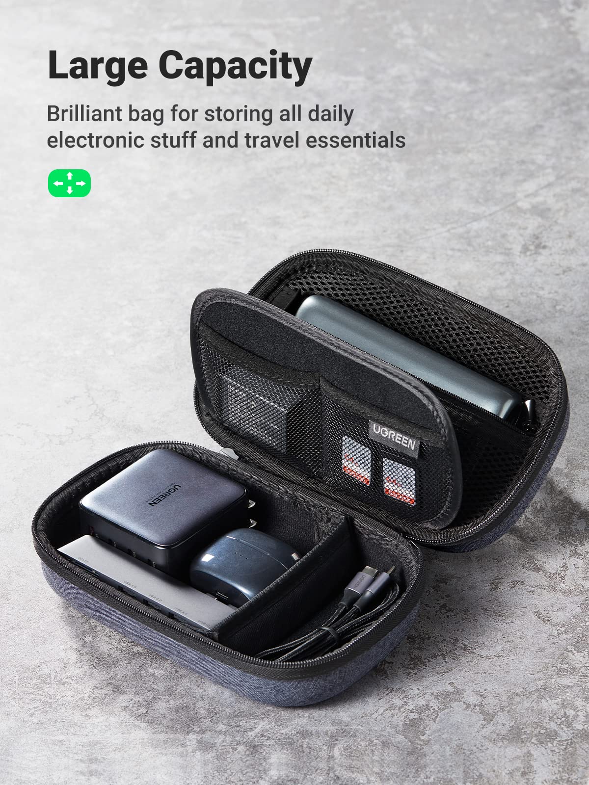 UGREEN Travel Accessories, Portable Cable Organiser Bag Travel Electronics Organiser Small Gadget Cable Bag Cable Pouch, Hard Case for Cable Charger Adapter Power Bank Hard Drive SD Card