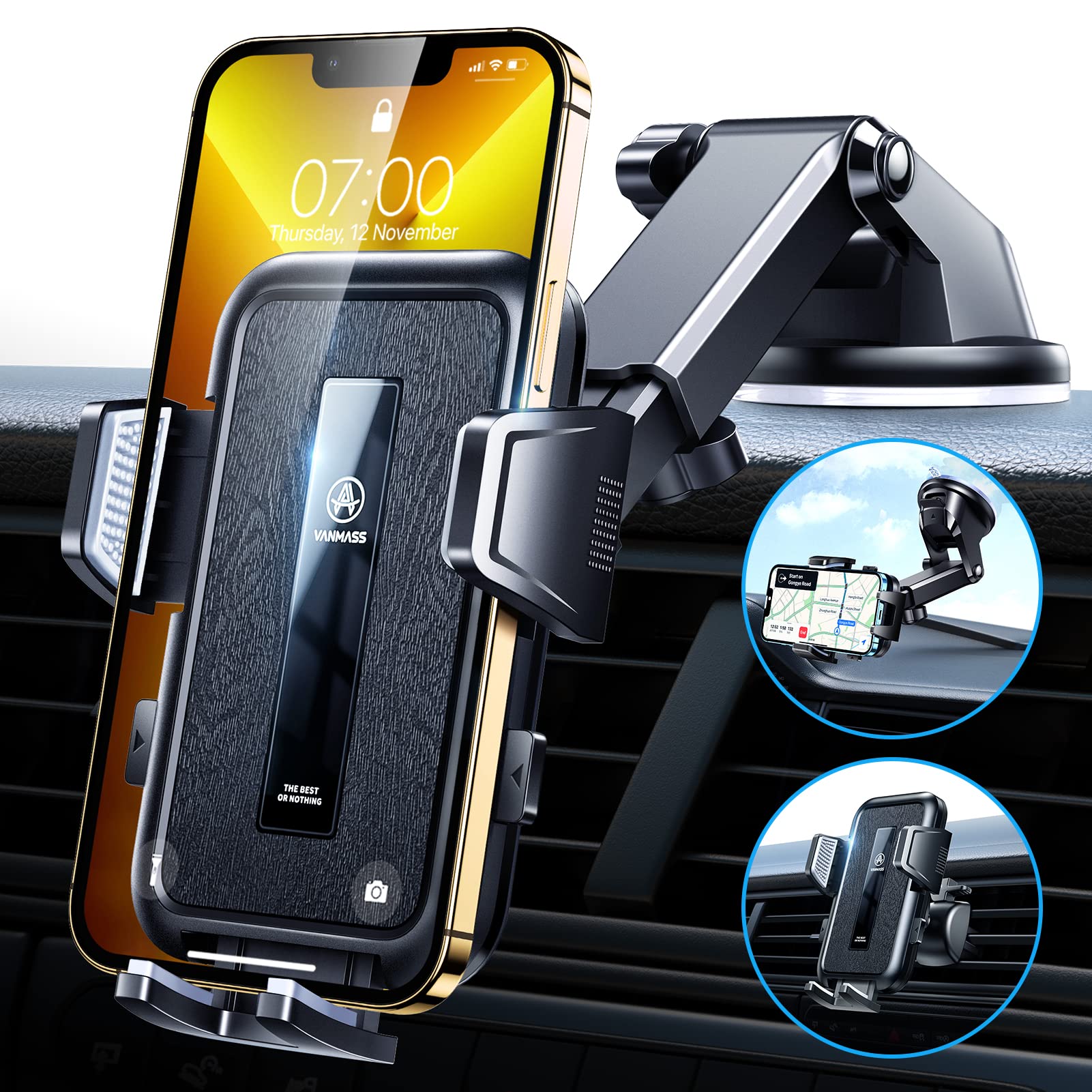 Car Phone Holder, VANMASS 2022 Max Upgraded [Large Phones & Thick Case Friendly] Most Stable Suction Mobile Automobile Cradle Van Accessories Dashboard Windscreen Vent Stand for iPhone 13 12 Samsung