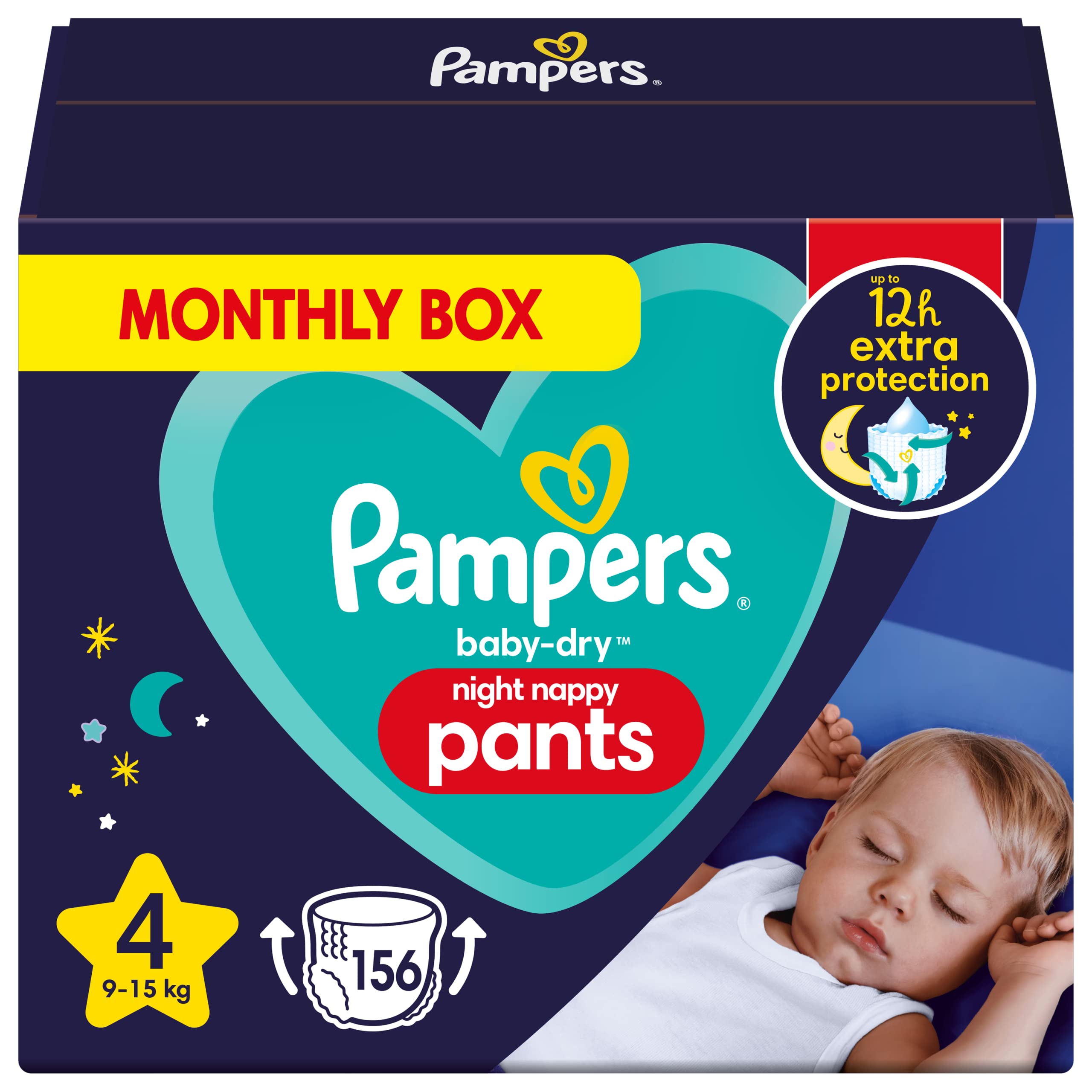 Pampers Nappy Pants Size 4 (9-15 kg / 20-33 lbs), Baby-Dry Night, 156 Nappies, MONTHLY BOX, Extra Protection All Night Long, Pull Ups