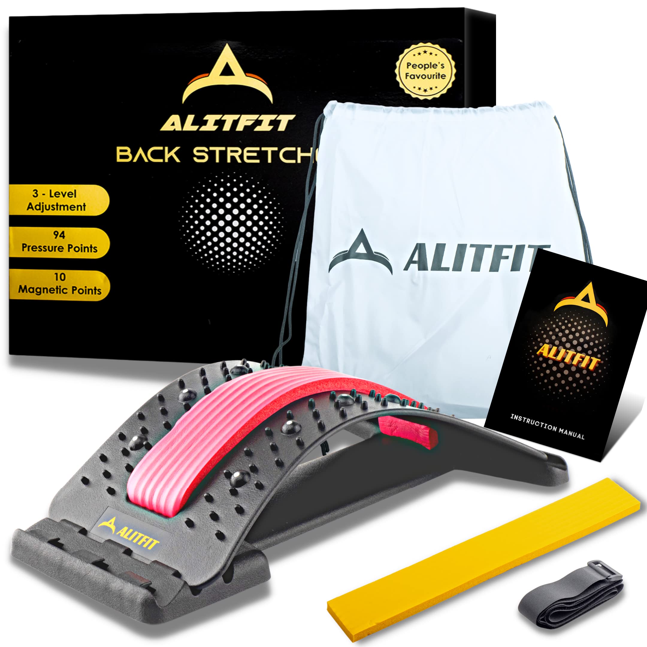 Alitfit Back Stretcher with Magnetic Acupressure Points, Multi-Level Spine Stretcher for Back Pain Relief and Posture Corrector- Include Free Carry Bag, Belt and Extra Deck Cushion