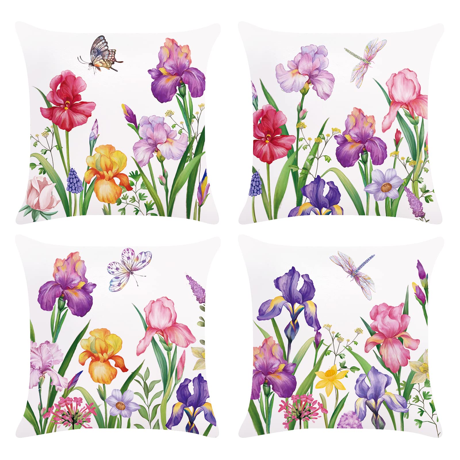 Bonhause Garden Flower Cushion Covers 18 x 18 Inch Set of 4 Narcissus Iris Floral Decorative Throw Pillow Covers Soft Velvet Pillowcases for Sofa Couch Car Bedroom Indoor Outdoor Decor, 45cm x 45cm