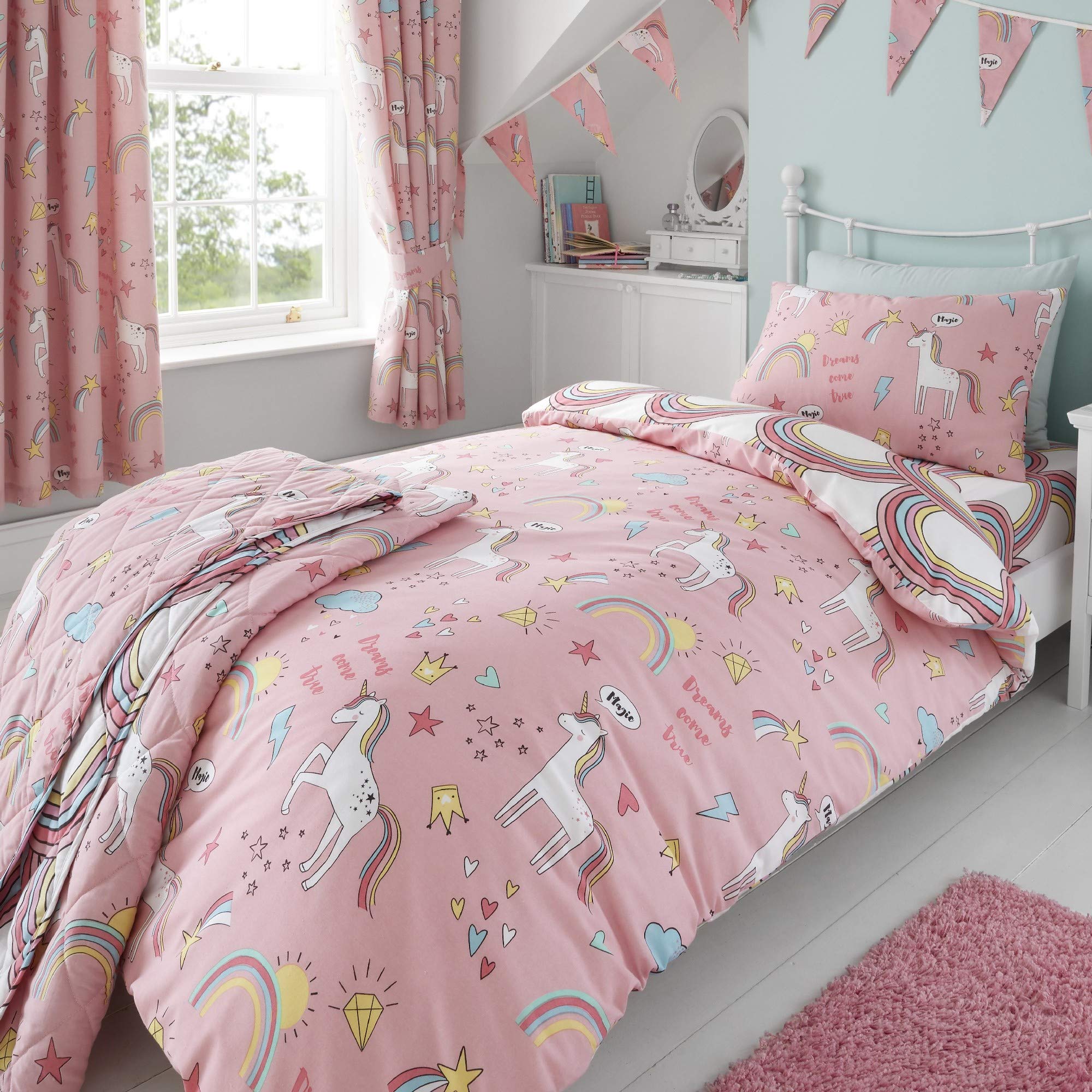 Happy Linen Company Girls Kids Unicorns Rainbows Pink Single Reversible Duvet Cover Bedding Set