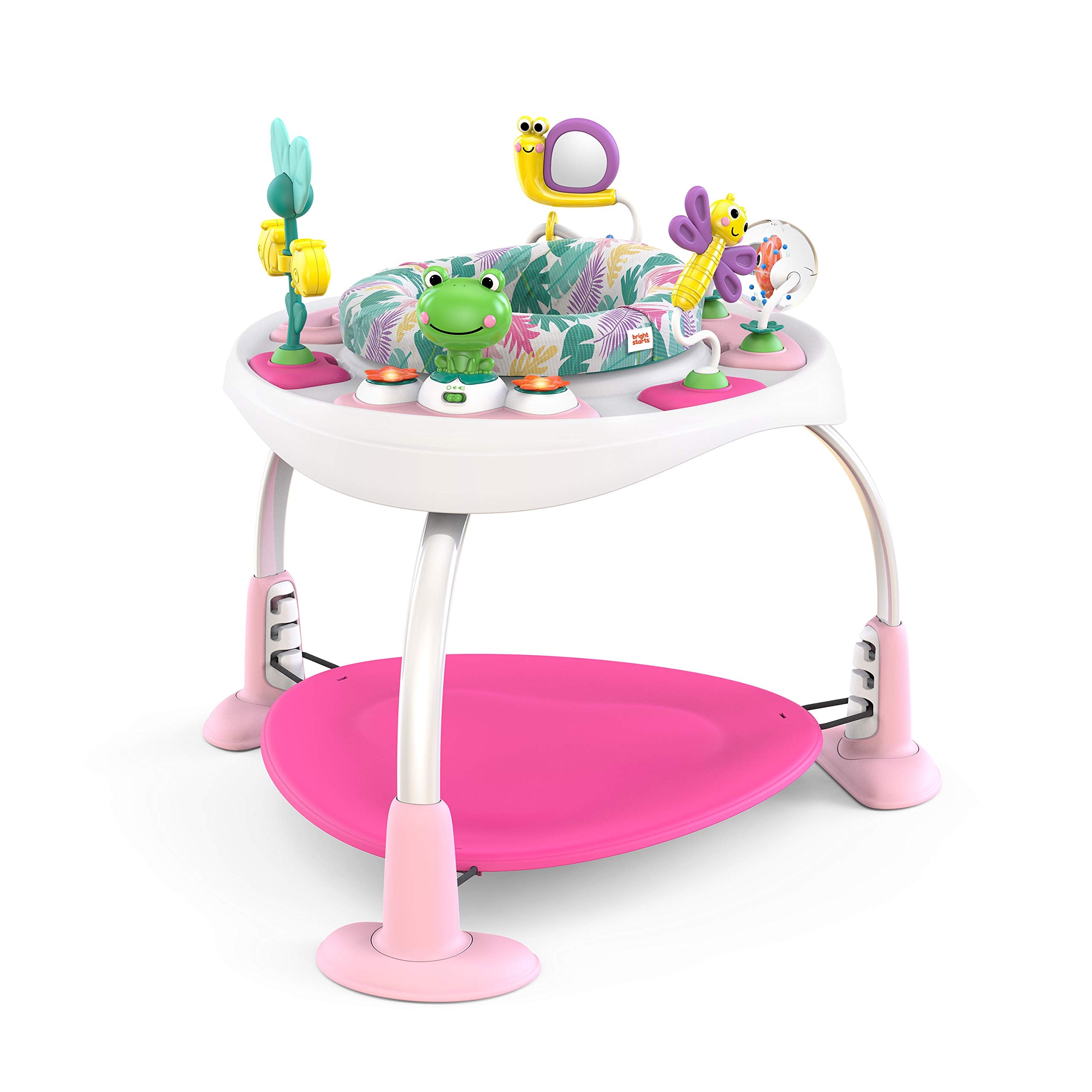 Bright Starts, Bounce Bounce Baby 2-in-1 Activity Center Jumper and Table - Playful Palms with 7 Interactive Toys, Adjustable Height, Storage Bag, 360° Rotation, Ages 6 Months +, Pink