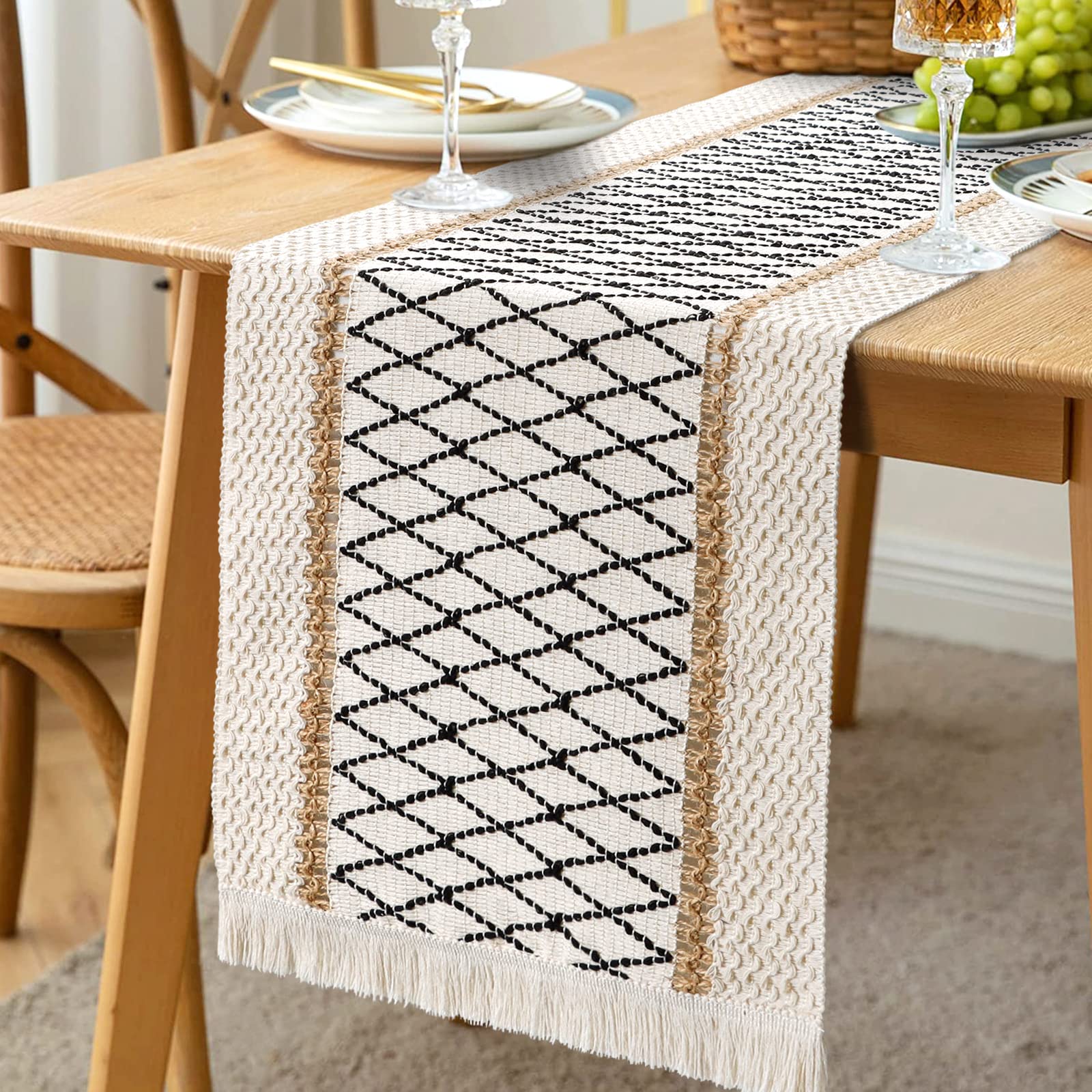 LOMOHOO Macrame Table Runner,Cream Beige Boho Table Runner with Tassels,Hand Woven Cotton and Burlap Splicing Table Runner,Rustic Farmhouse Table Runner for Bohemian,Kitchen Dining Table