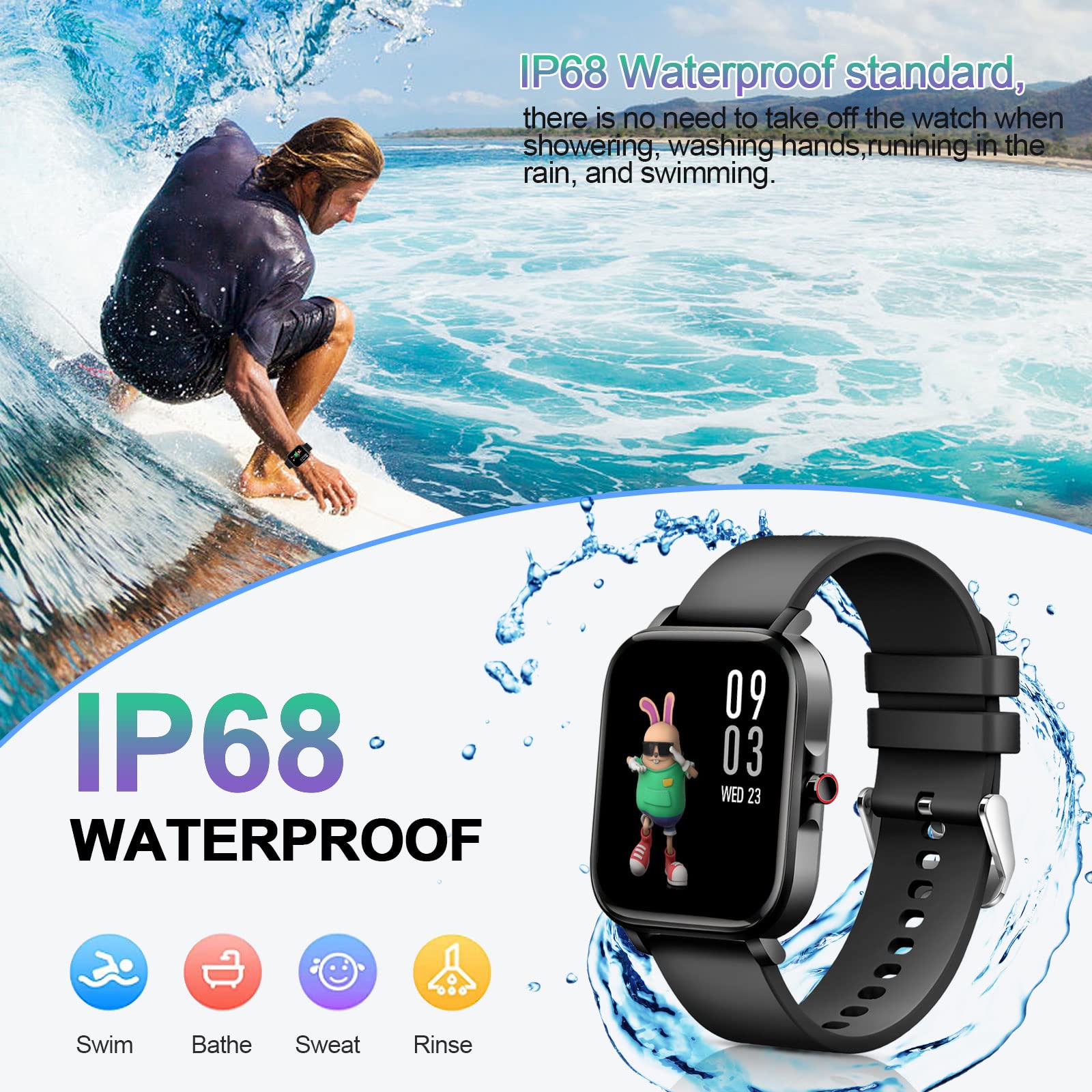Smart Watch, 1.69" Touch Screen Smart watch for Men Women, Fitness Watch with Heart Rate Sleep Monitor IP68 Waterproof Step Counter Watch, 12 Sports Modes Fitness Activity Trackers for Android iOS