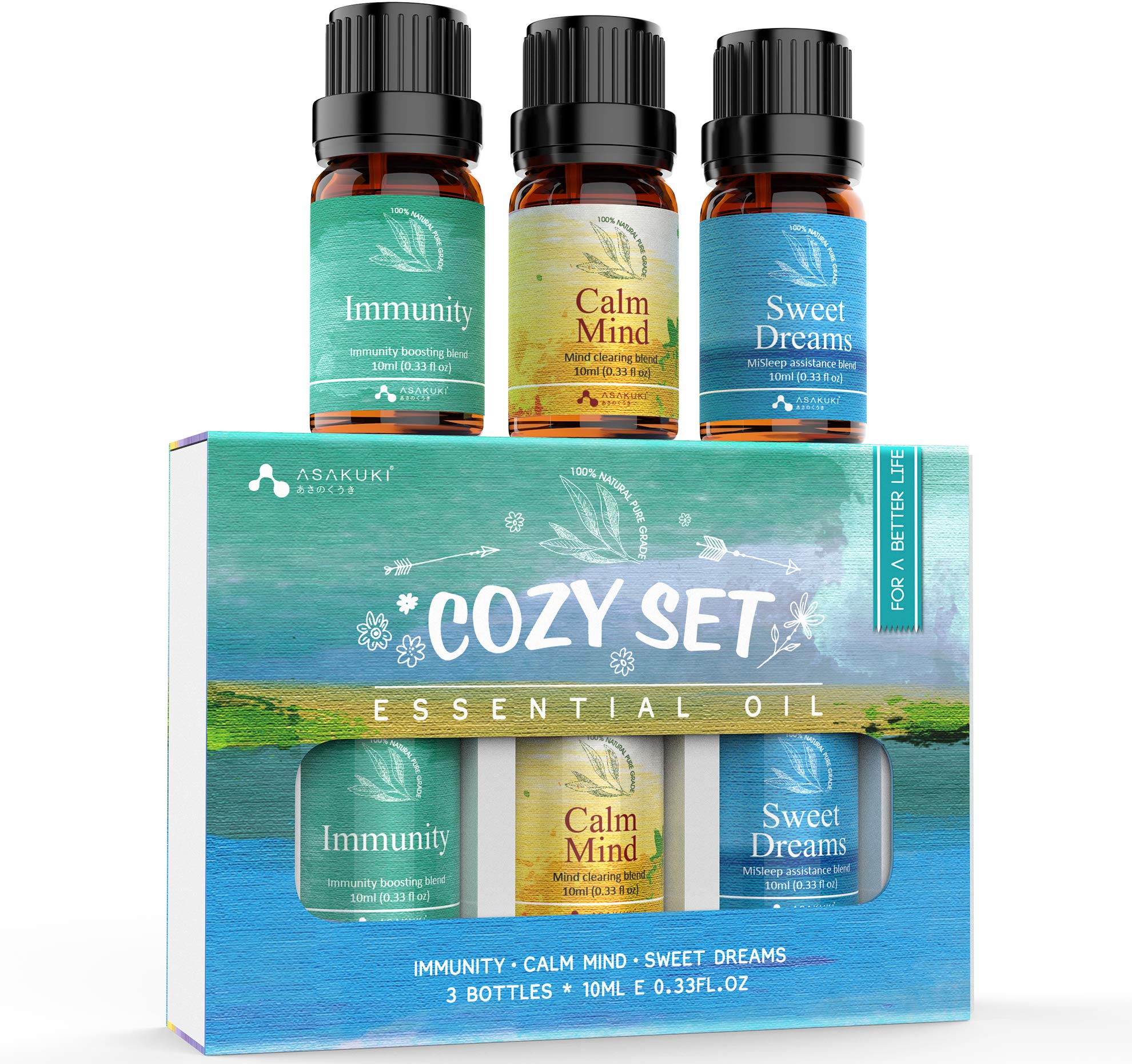 ASAKUKI Top3 Essential Oils Gift Set – 100% Pure Therapeutic Grade Aromatherapy Diffuser Blends Oils Help for Sleep Better, Wellness& Stress Relief , Immune Defence, Muscle Relief, Feel Good