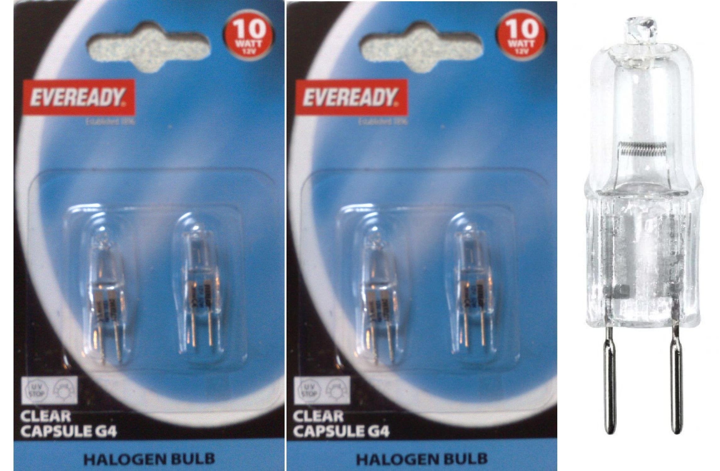 4 x Eveready G4 10W 12V Halogen Capsule Light Bulbs, Dimmable Lamps, 100 Lumen, 3 Years Life, Clear Finish