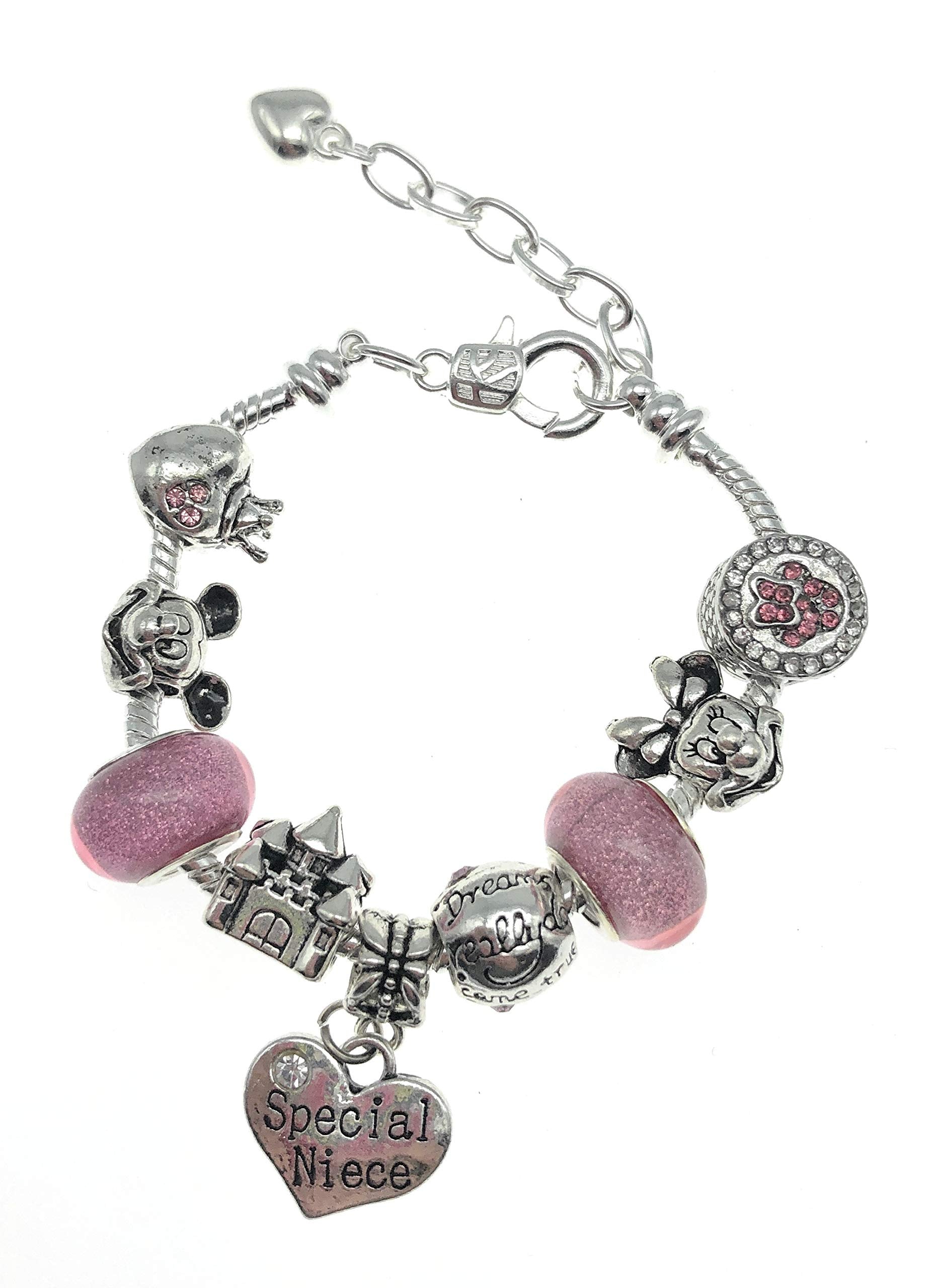 Pink Minnie and Mickey Mouse Silver Plated Charm Bracelet with Centrepiece Message Pendant for Girls with Gift Box