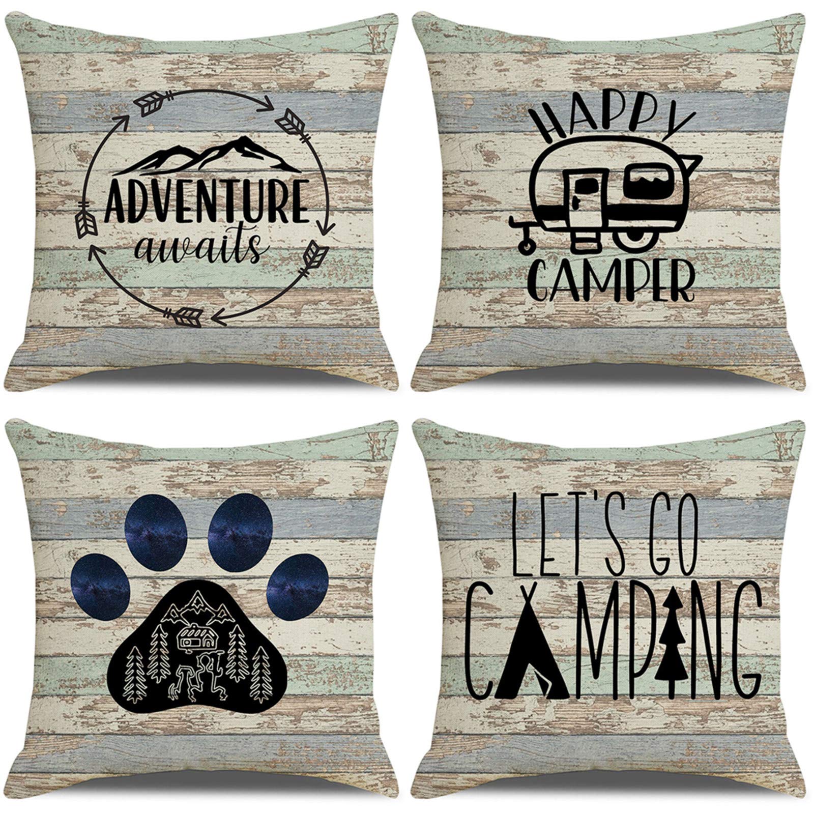 LAXEUYO Pack of 4 Cushion Covers 18x18, Let's go Adventure Camping Pattern Cotton Linen Decorative Throw Pillow Covers Pillow Cases for Sofa