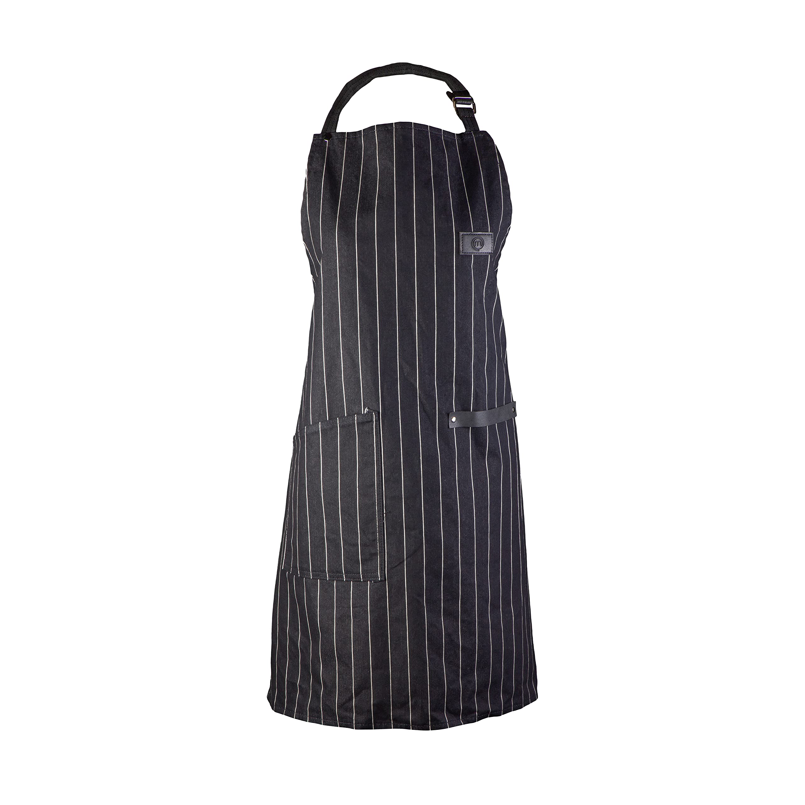 MasterChef Apron for Men & Women with Pocket, 100% Cotton with Vegan PU Leather Adjustable Strap & Official Logo, Chef's Kitchen Garment, Black with White Stripes, One Size Fits All