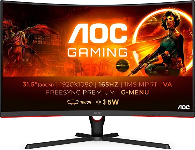 AOC Gaming C32G3AE - 32 inch FHD Curved Monitor, 165Hz, 1ms MPRT, VA, Gsync, Freesync, Speakers, Low Input lag, (1920x1080 @ 165Hz, 300 cd/m², DP 1.2 x 1 / HDMI 1.4 x 2)