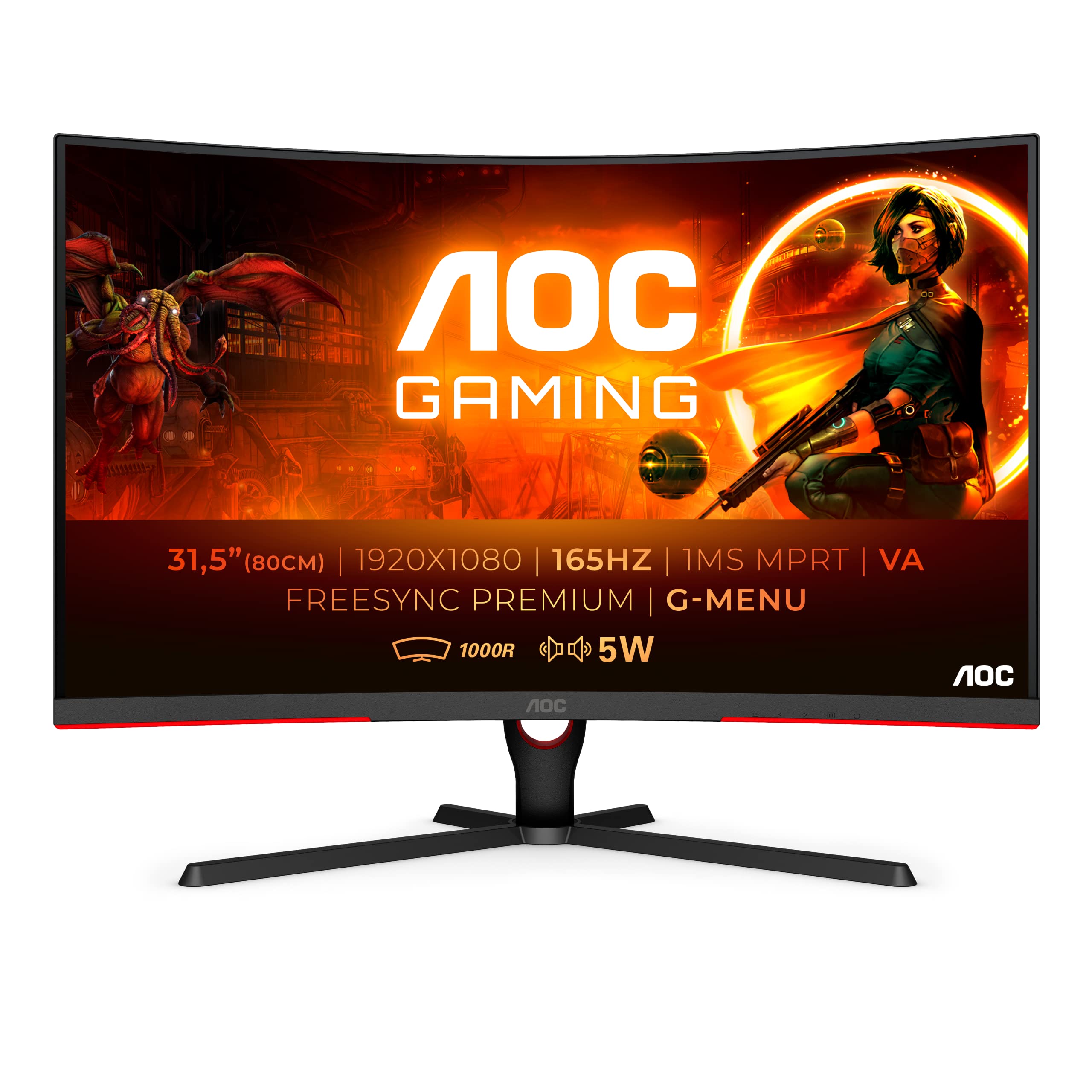 AOC Gaming C32G3AE - 32 inch FHD Curved Monitor, 165Hz, 1ms MPRT, VA, Gsync, Freesync, Speakers, Low Input lag, (1920x1080 @ 165Hz, 300 cd/m², DP 1.2 x 1 / HDMI 1.4 x 2)