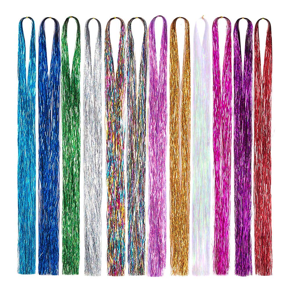 12 Colors 38 Inch Hair Tinsel Fairy Hair Sparkling Shiny Tinsel Hair Sparkling Dazzle Glitter Shiny Hair for Women Girls Kids Hair Extensions