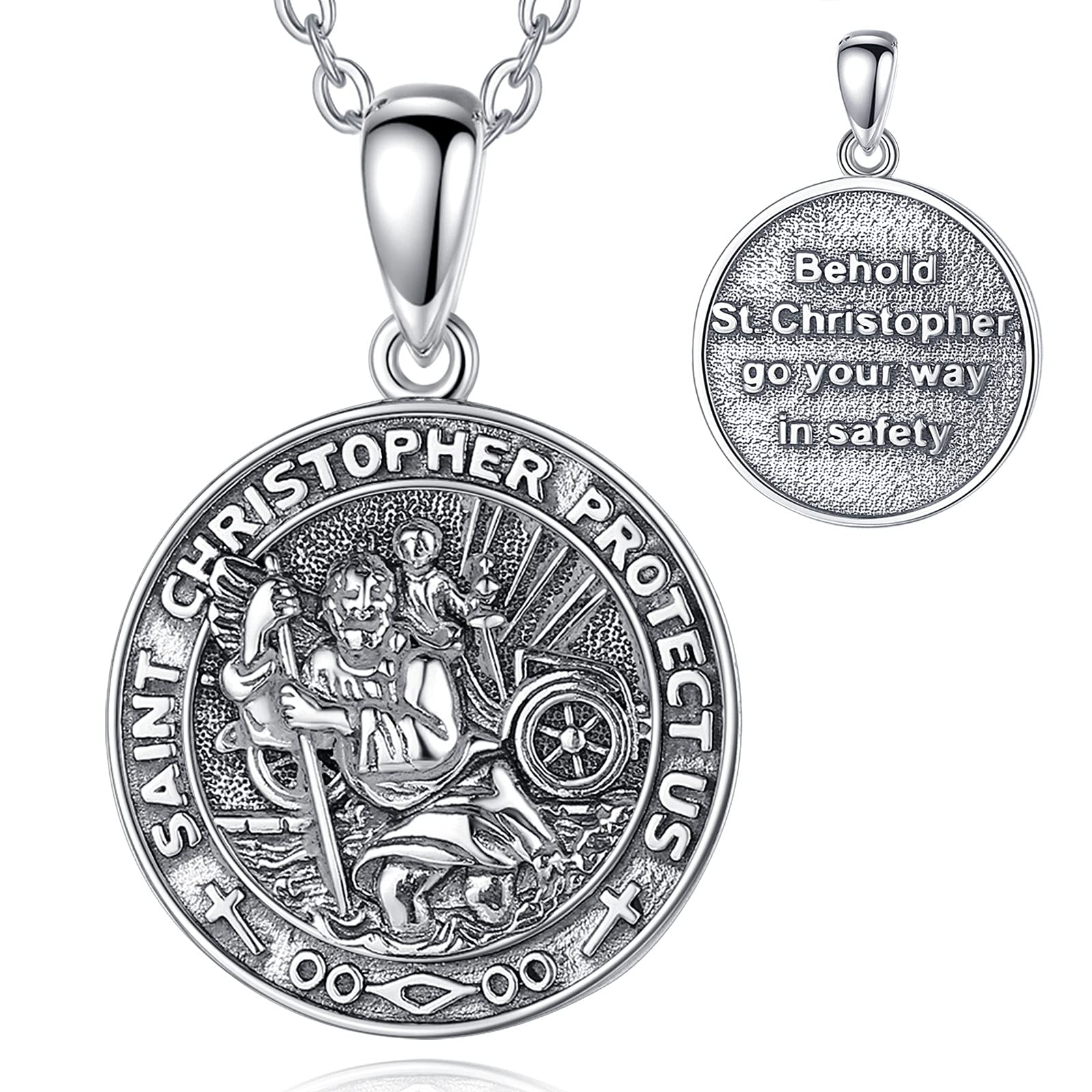 EUDORA ST Christopher Necklace for Men Silver Pendant 925 Sterling Silver Necklace for Men Women, Good Luck Amulet Necklace for Man Women Couple Jewellery, 24 inches Chain