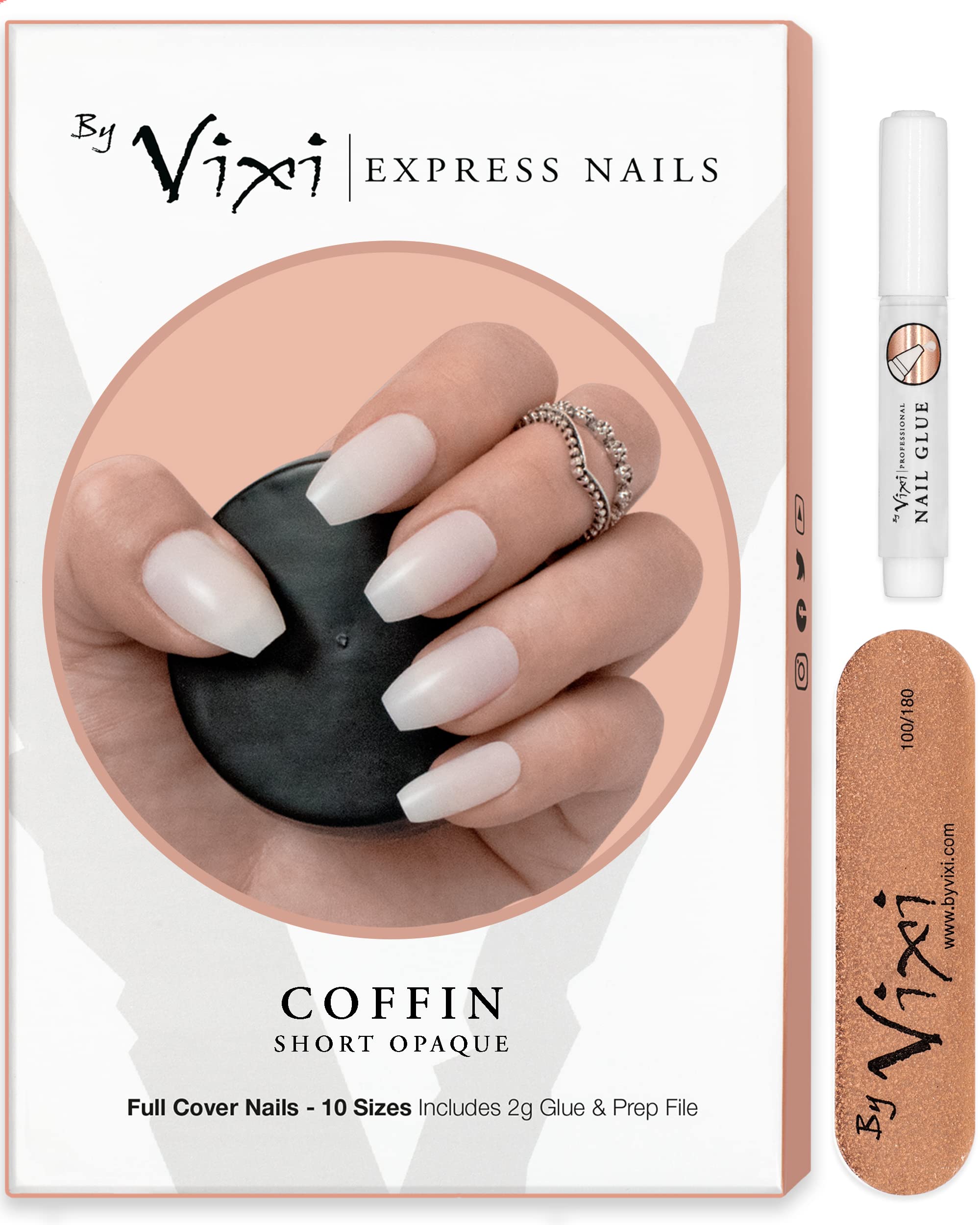 500-pieces SHORT COFFIN/BALLERINA NAIL SET with FREE GLUE & PREP FILE, 10 Sizes – Opaque Express Full Cover False Fingernail Extensions for Salon Professionals & Home Use - By Vixi