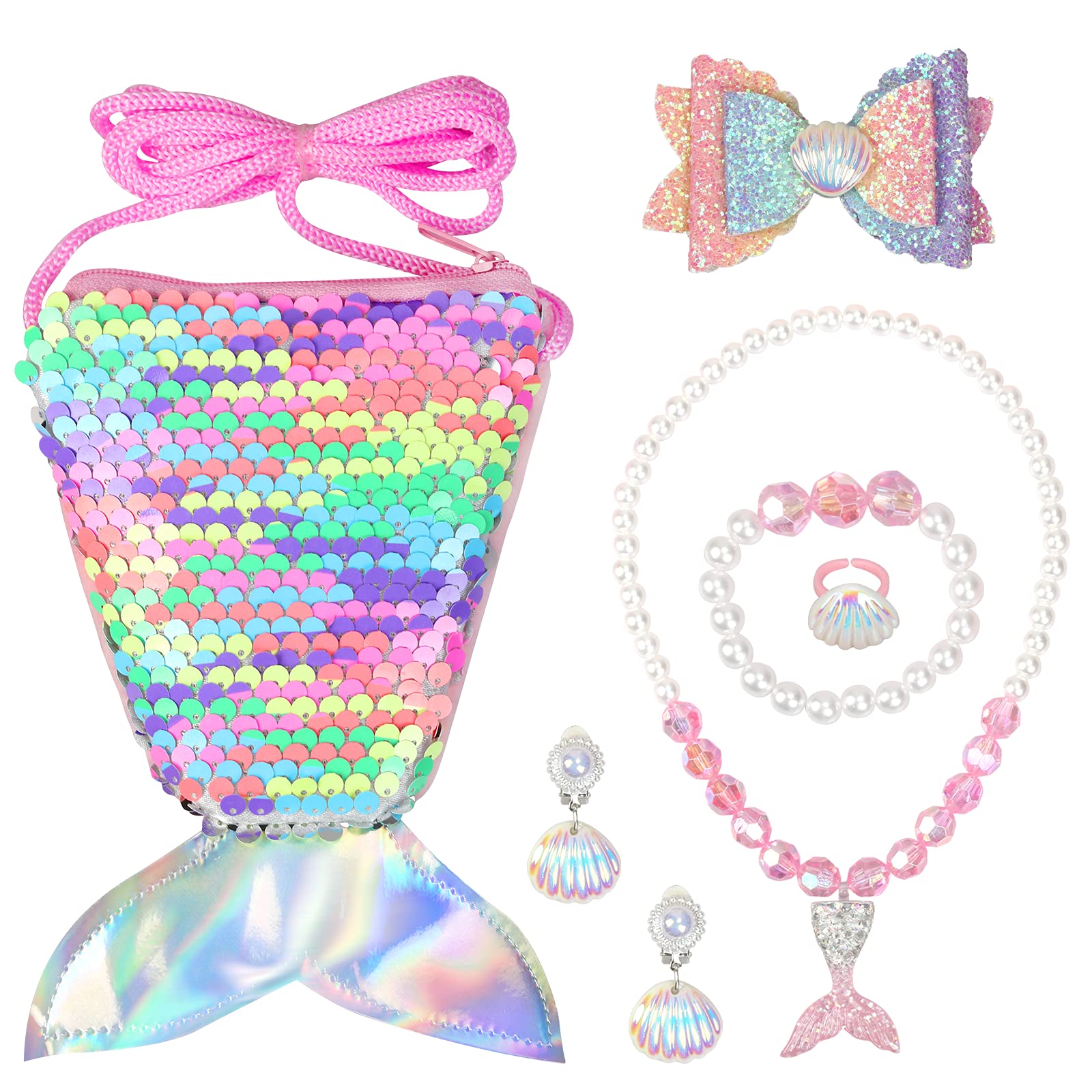 MEETANG Kids Mermaid Jewellery Set for Girls with Gift Box Easter Sequins Mermaid Tail Purse Bag Bow Knot Hair Clip Necklace Bracelet Ring Earrings for Dress Up Party Gifts for Little Girls
