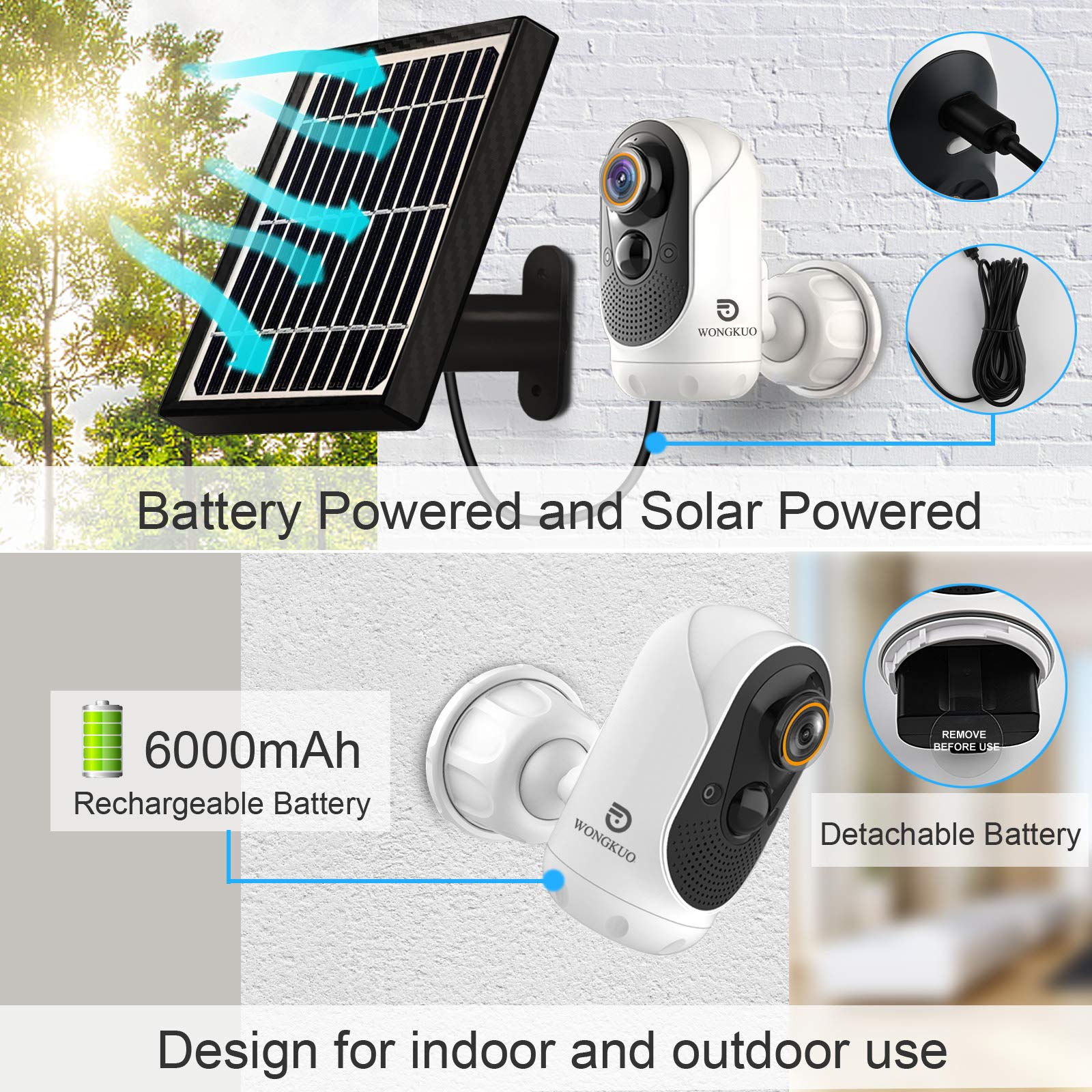 WONGKUO Solar Security Camera Outdoor Wireless - WiFi Rechargeable Battery Powered Camera with Solar Panel, 1080P Smart Home CCTV Camera PIR Human Detection, Night Vision, 2-Way Audio, Waterproof