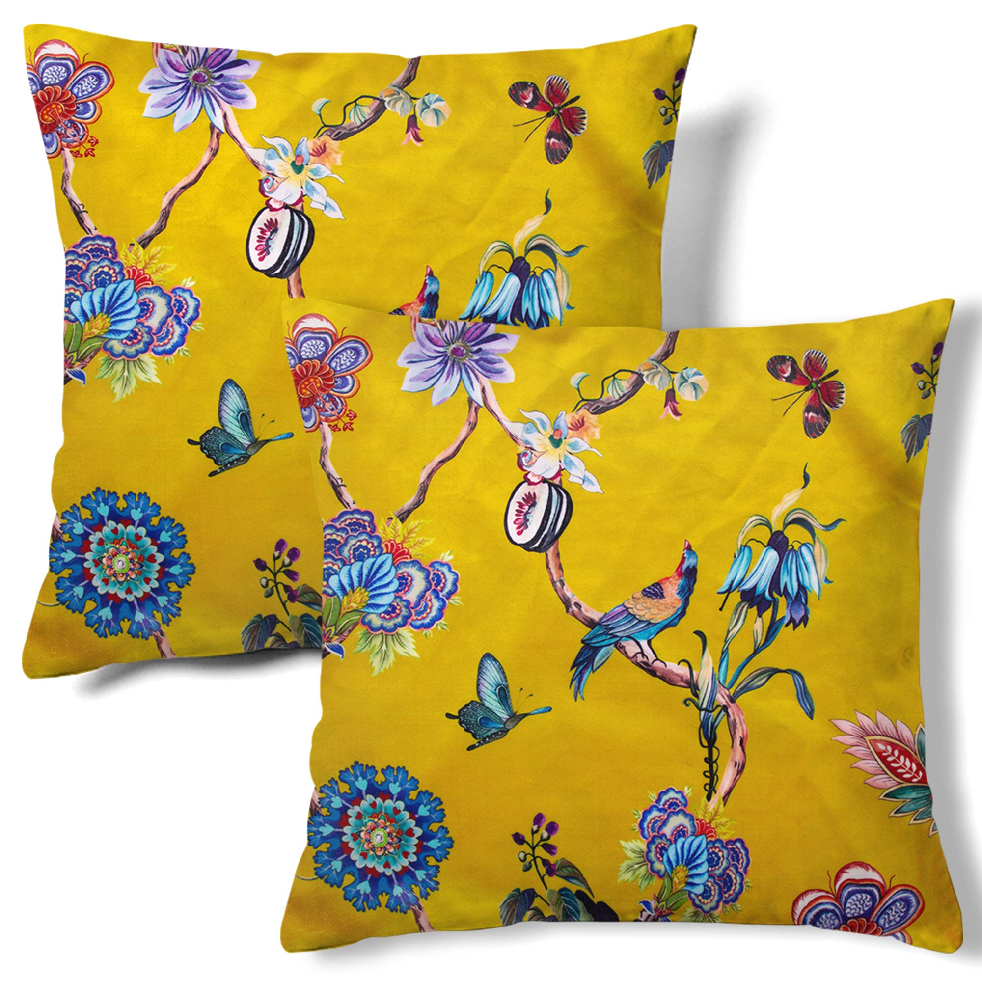 HMS Happy Memories Velvet Pillow Cases Square Decorative Throw Pillow Cover 45x45cm(18x18 Inch) Set of 2 for Couch Sofa Bed Living Room Bedroom (Yellow Bird Boho)