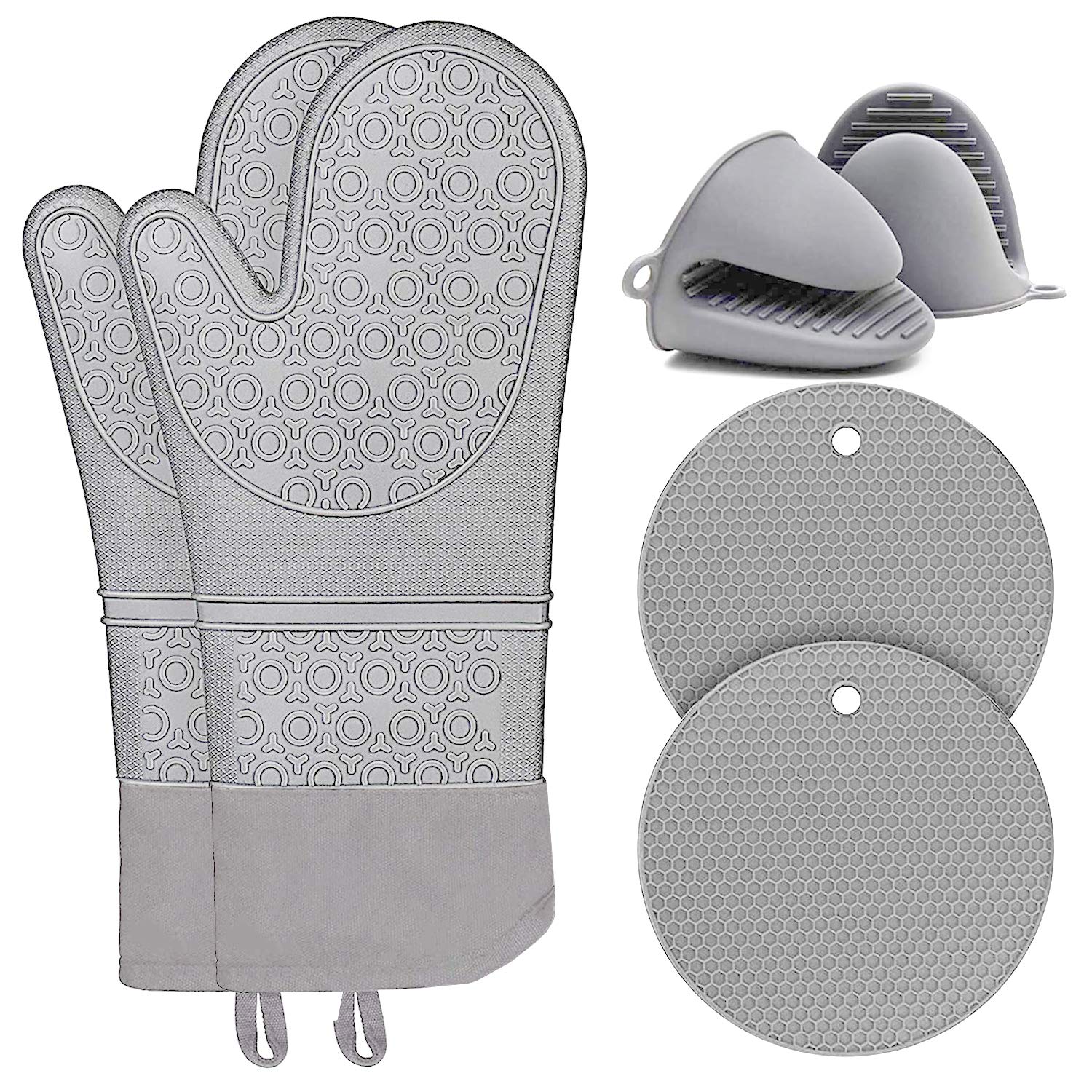 Hbsite Silicone Oven Gloves with Pot Holders and Trivet Mats, Kitchen Oven Mitts Double Heat Resistant for Cooking, Grilling, Baking, Barbecue, 6Pcs/1 set