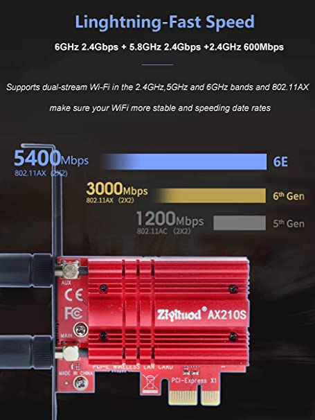Ziyituod WiFi 6E AX210S PCIE WiFi Card Expands Wi-Fi into 6GHz | Up to 5400Mbps | BT5.2 | Tri-Bands(6GHz/5GHz/2.4GHz) | OFDMA,MU-MIMO,Ultra-Low Latency | Support Windows 10/11 64Bit