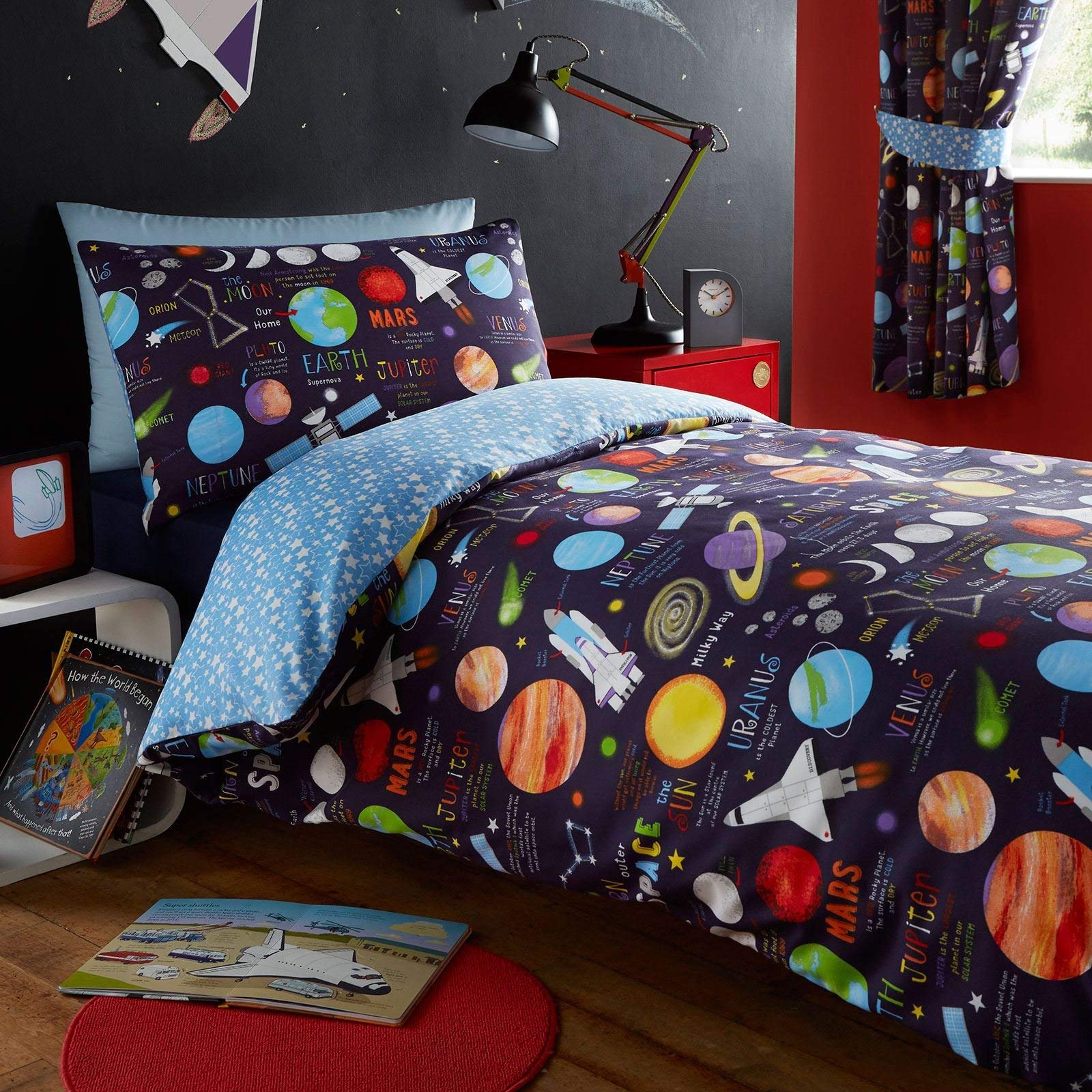 Kidz Club Planets Single Bed Duvet cover and Pillowcase Bed Set Bedding for Boy's Sun Mars and Moon, Dark Blue
