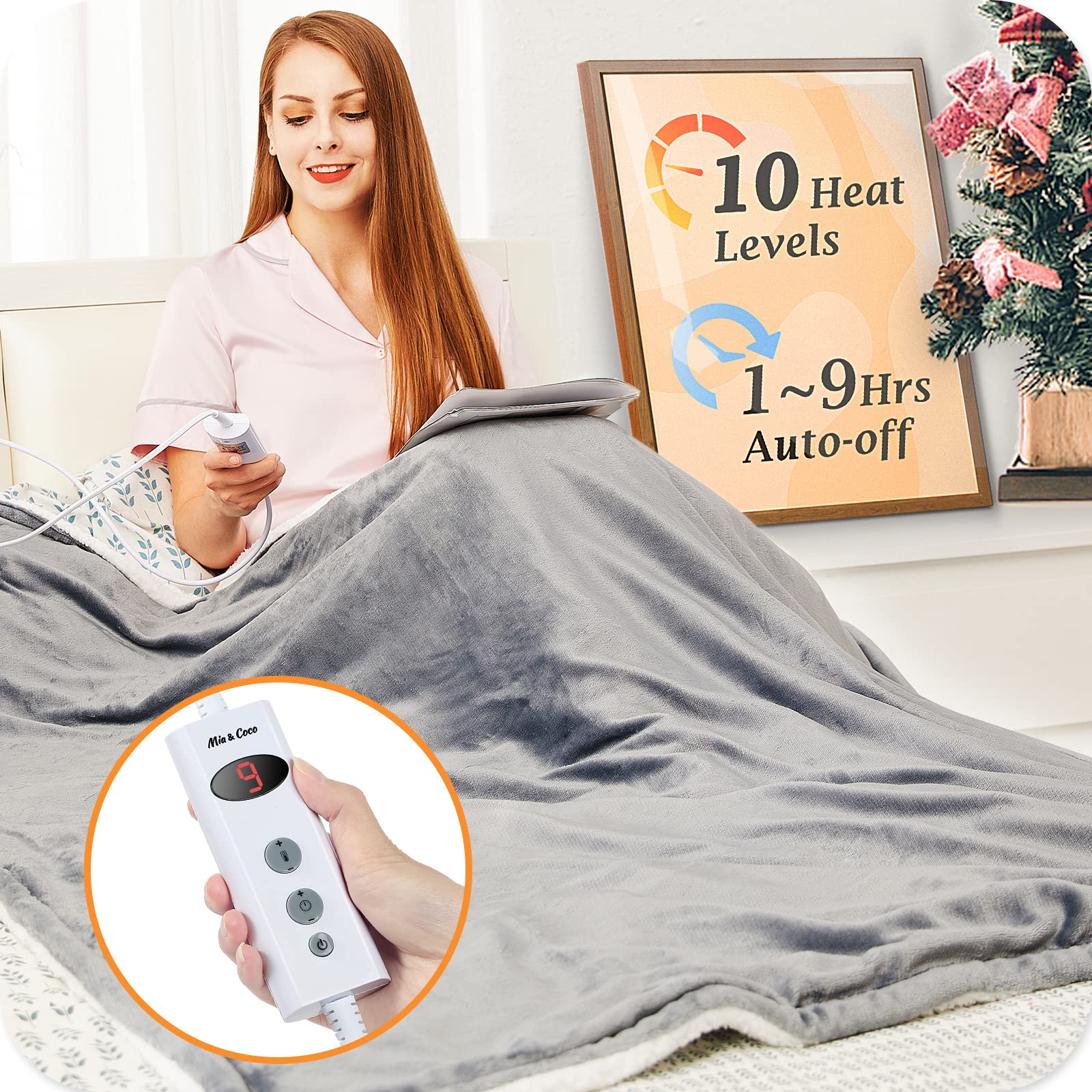 Mia&Coco Electric Heated Blanket Throw Flannel Sherpa Fast Heating 120x160cm, 10 Heat Levels & Up-to-9-Hours Auto-Off Timer & LED Display, for Home Office Use, Machine Washable, ETL Certified, Grey