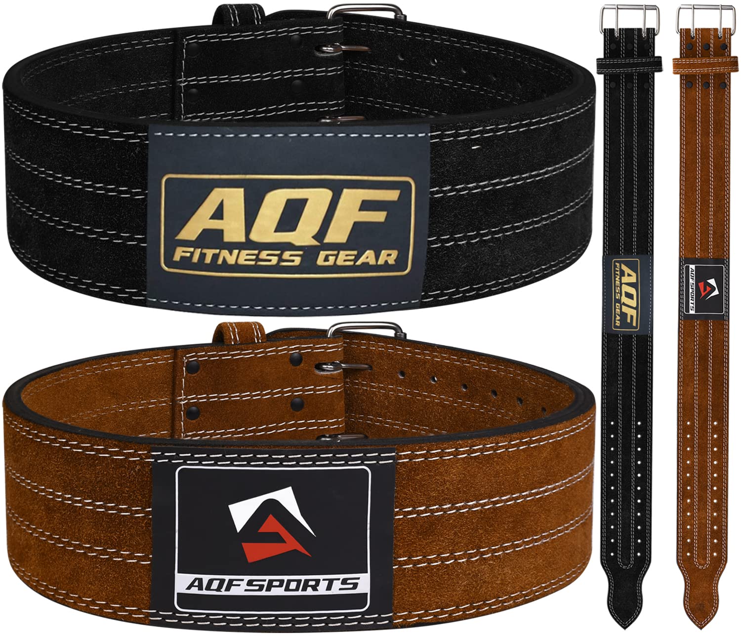 AQF Weight Lifting Nubuck Leather Powerlifting Belt Back Support – 4” Wide x 10mm Thick Double Prong Steel Roller Buckle Contoured Training Belt Suede Lining Black & Brown