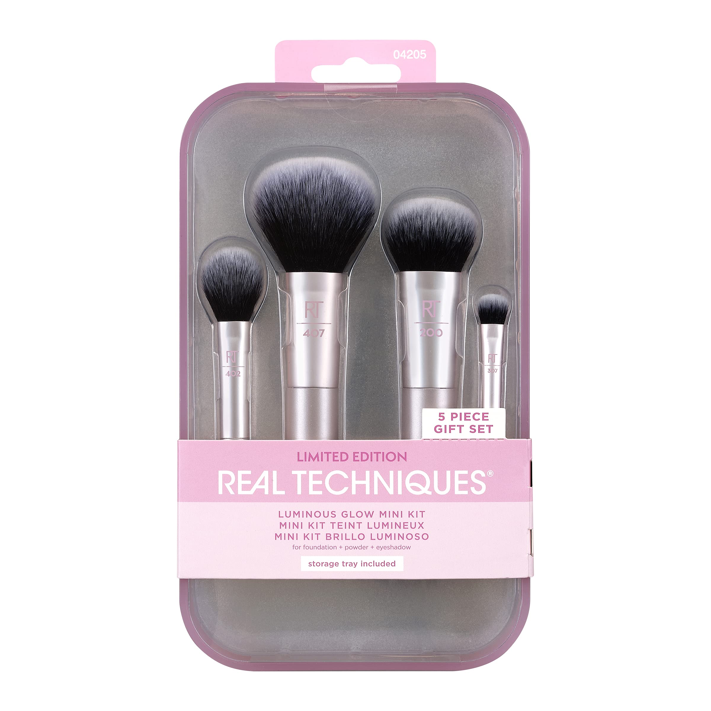 Real Techniques Limited Edition Luminous Glow Mini Holiday Kit, Stocking Stuffer, Premium Makeup Brushes, Soft Bristles, 5 Piece Gift Set