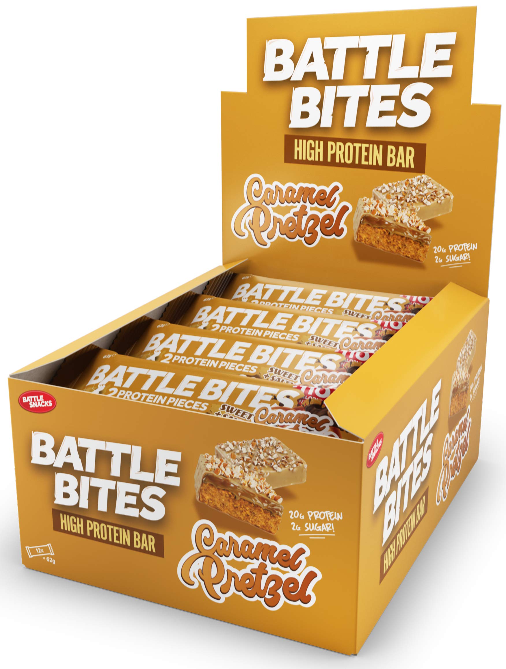 Battle Bites High Protein and Low Carb/Sugar Bars 12 x 62 g - Caramel Pretzel