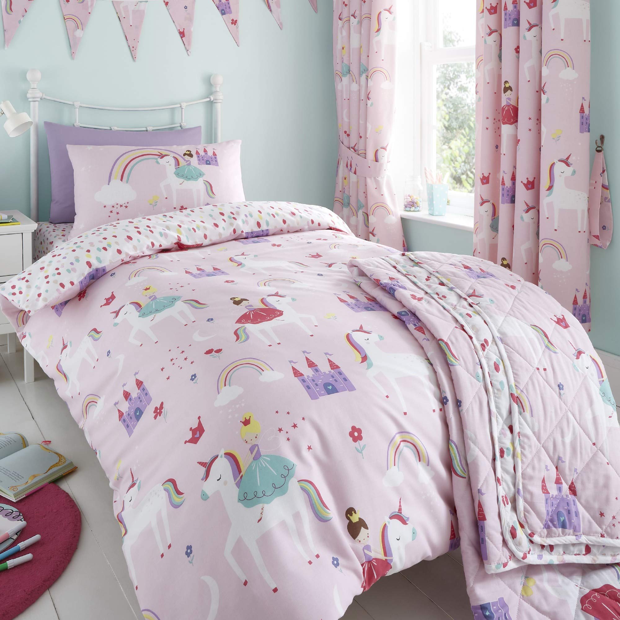 Happy Linen Company Girls Kids Unicorns Princess Rainbows Pink Single Reversible Duvet Cover Bedding Set