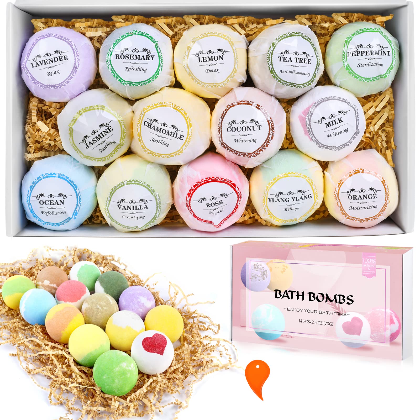 Bath Bombs Gift Set, Bath bombs for Women Gifts, 14 Pcs Organic Natural Bubble Bath Bombs, with Rich Fizz Effect & Different Essential Oil, idea Bath Gift for Christmas Birthday Mothers Day Valentines