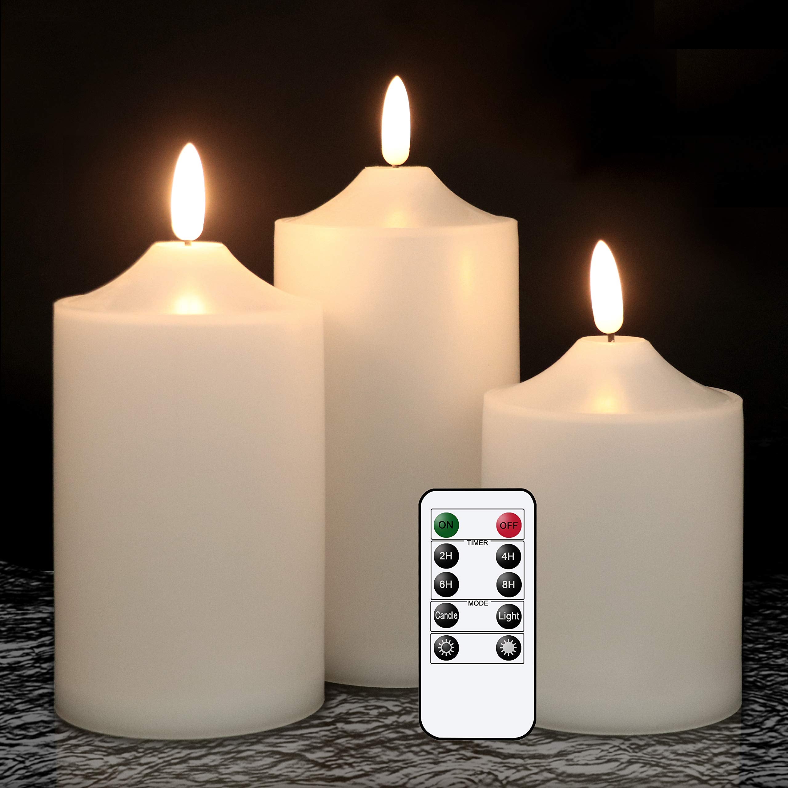 Eldnacele Flickering Flameless Candles, Waterproof Battery Operated LED Candles with Remote Timer, White Pillar Candles for Indoor Outdoor Home Garden Lantern Decoration (Pack of 3)
