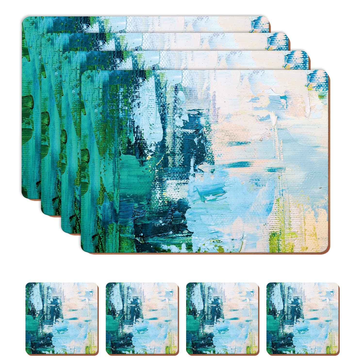 HAOCOO Placemats, Coasters and Place Mats Set-4, Heat Resistant Waterproof Non-Slip Wooden Placemats Table Mats for Dining Kitchen Outdoor, Easy to Clean Cork Placemats 30x21.5cm(Abstract Painting)