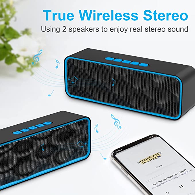 Bluetooth Speaker Wireless, Portable Speakers with Stereo Sound, Bluetooth 5.0, 8H Playtime, TF-card & AUX Input, Built-in FM Radio and Mic