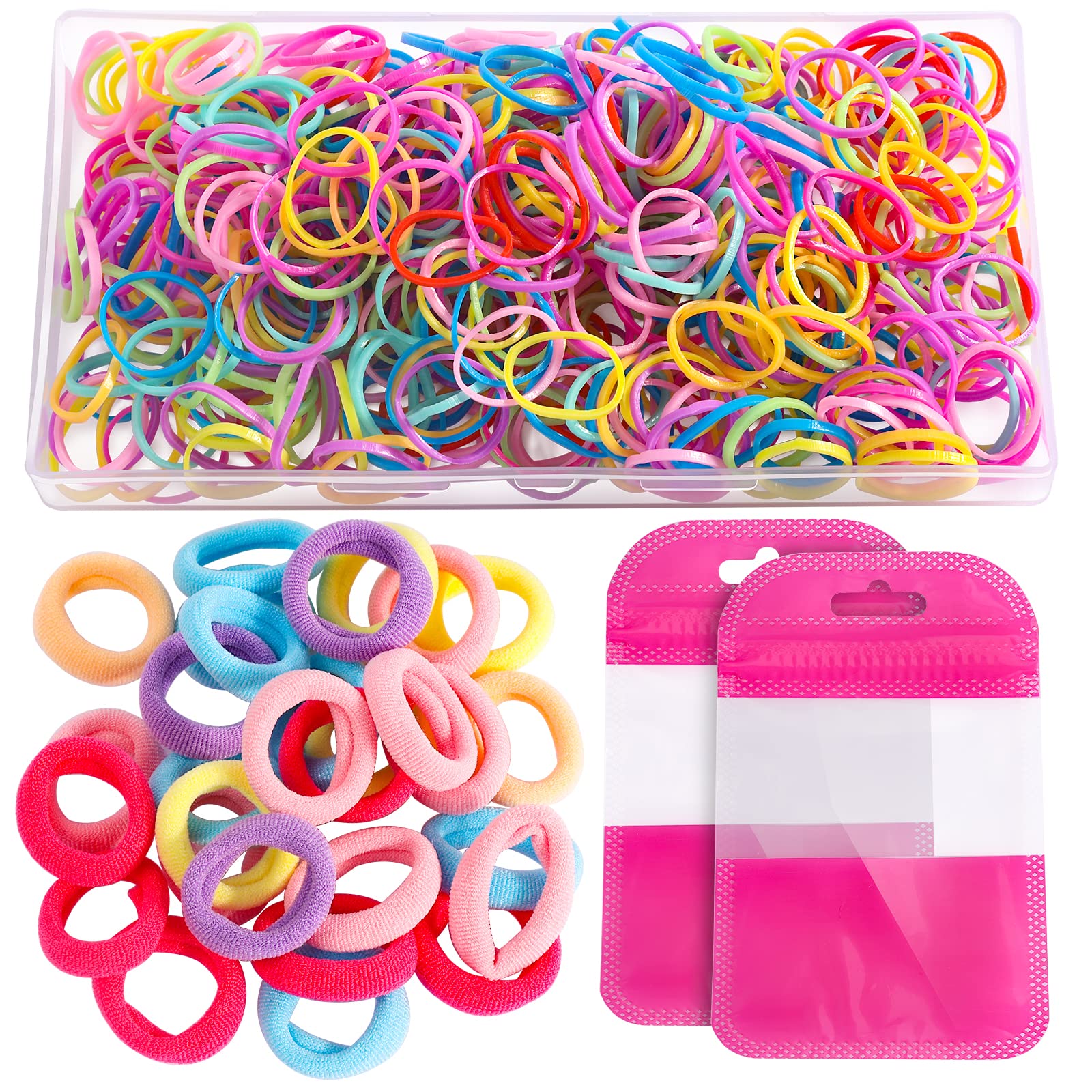 Baby Hair Bands, Teenitor 500pcs Candy Color Elastics Bands + 30pcs Seamless Mini Hair Bands with 2pcs Carry Bags, Soft Hair Bobbles Ties Ponytail Holders with Box for Girls Kids