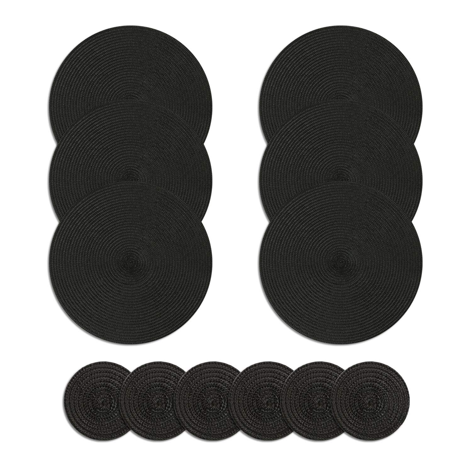 Homcomodar Round Placemats and Coasters Set of 6 Braided Woven Table Place Mats for Dining Table(Black)