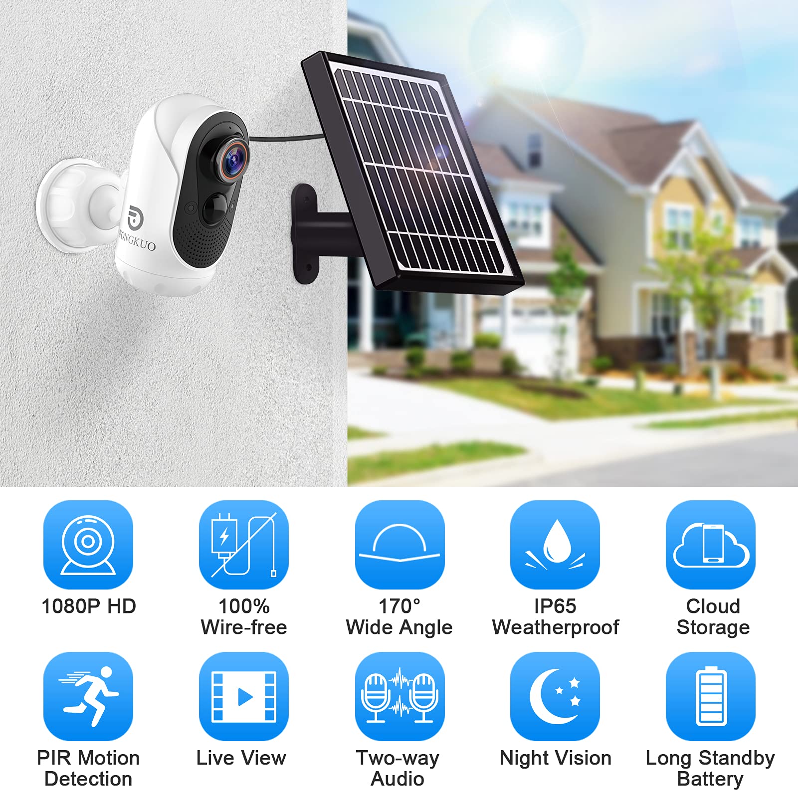 WONGKUO Solar Security Camera Outdoor Wireless - WiFi Rechargeable Battery Powered Camera with Solar Panel, 1080P Smart Home CCTV Camera PIR Human Detection, Night Vision, 2-Way Audio, Waterproof