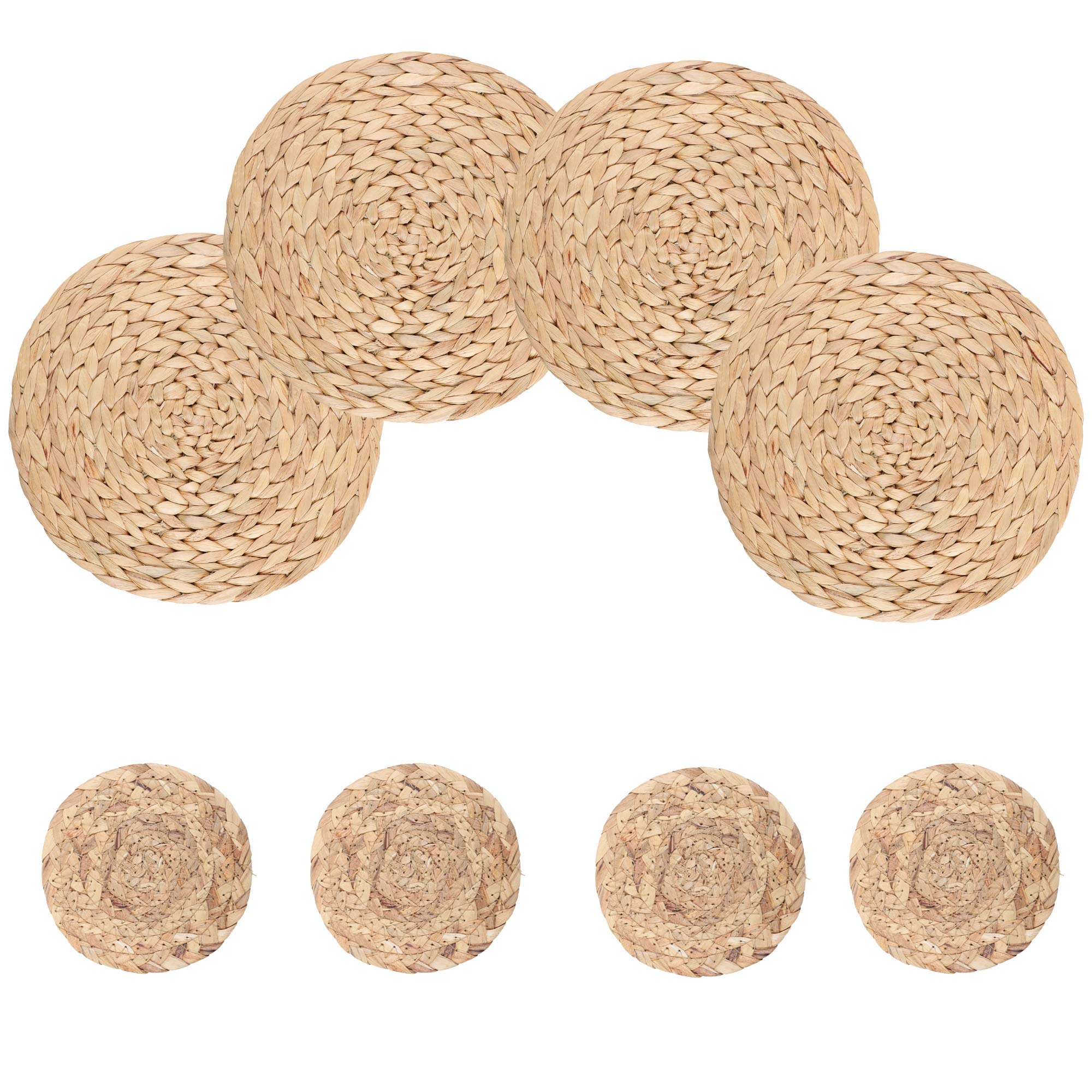 Aonewoe Water Hyacinth Weave Placemats and Coasters Round Handmade Natural Grass Woven Place Mats Heat Resistant Non-slip Pot Mats 30cm, Set of 8 (4 Placemats & 4 Coasters)