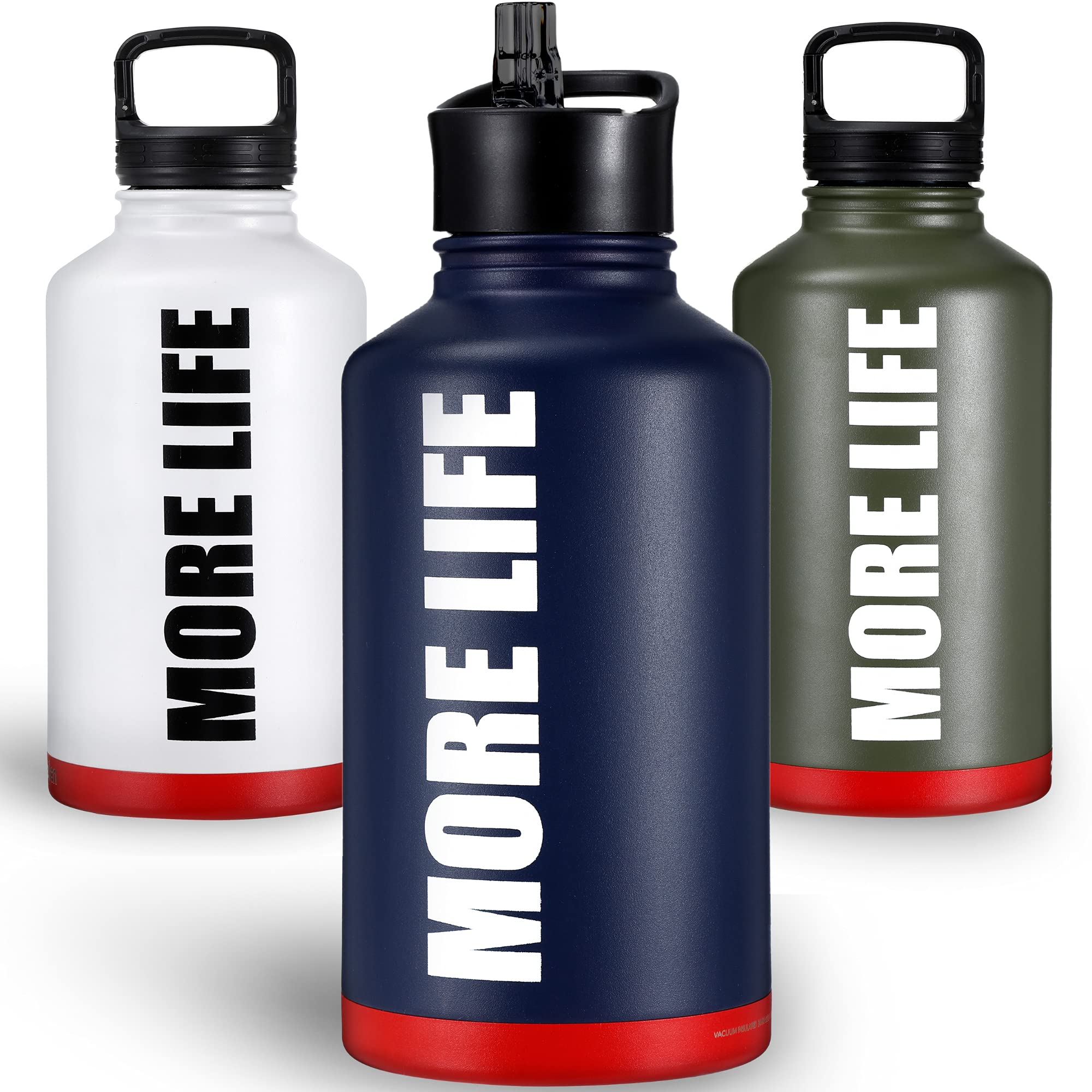 MORE LIFE Gym Water Bottle - Stainless Steel - 2 Litres - COLD 48HRS & HOT 24HRS - Metal Vacuum Insulated Water Bottle - BPA FREE - Fitness Drinks Bottle - 2 Lids, Straw & Shoulder Strap - Navy Blue