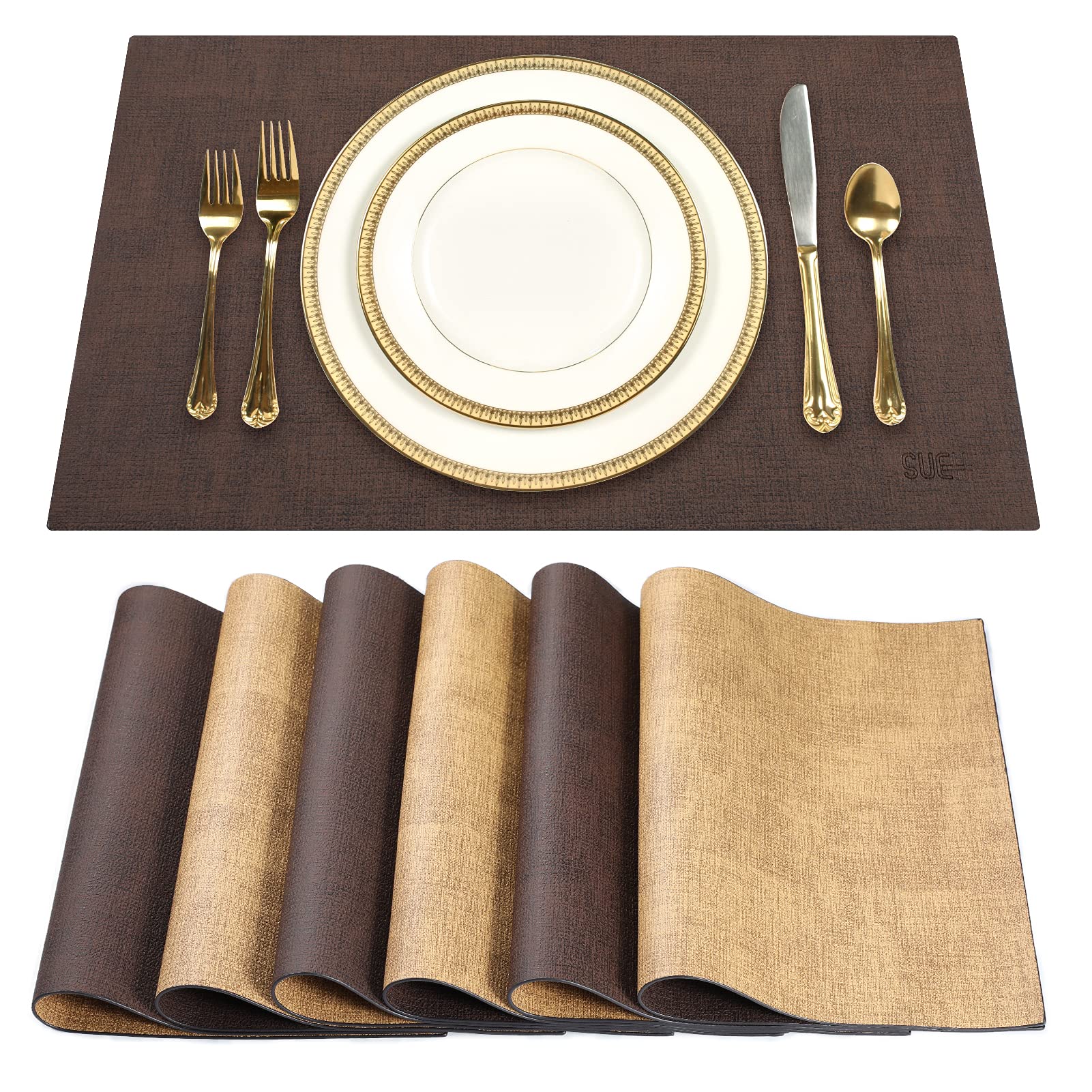 SUEH DESIGN Leather Placemats Set of 6 Reversible Table Mats Heat Resistant Waterproof No-Slip Place Mats for Dining Table Kitchen Parties