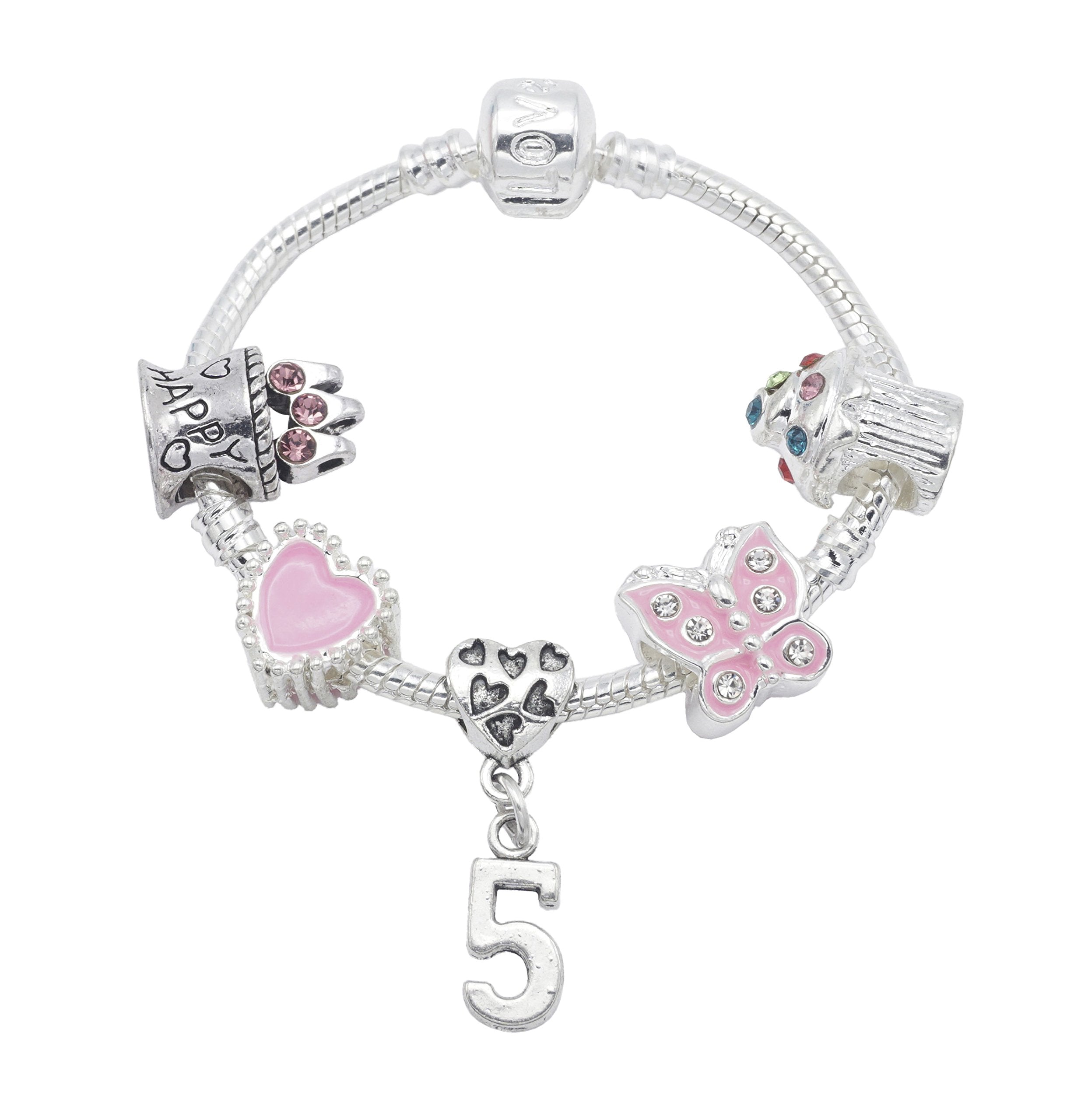 5th Birthday Silver Plated Charm Bracelet for Girls with Gift Box