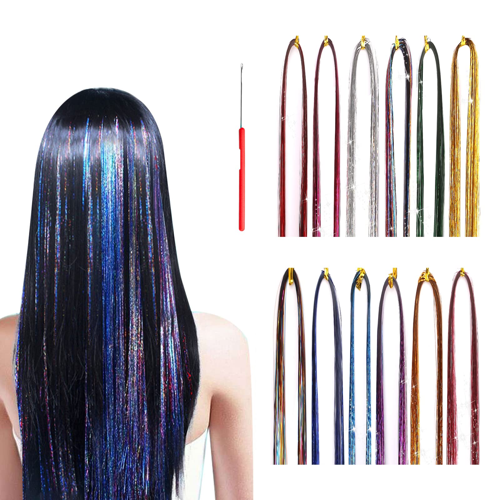 ZHIOPRO Colorful Straight Hair Extensions, 12 Colors 2400 Strands Glitter Hair Tinsel Extensions, Colors Hair Tinsel for Party Cosplay Music Festivals Christmas (120cm/47inch)